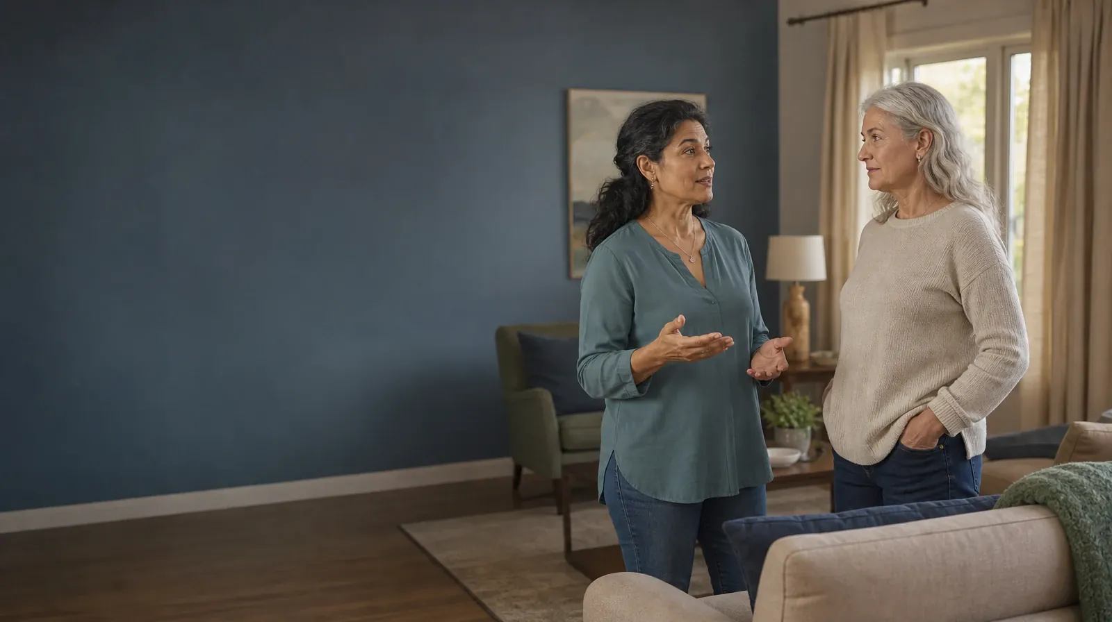 Two adults share a careful conversation at home · Pain and Prescription Drug Use: Treatment Questions