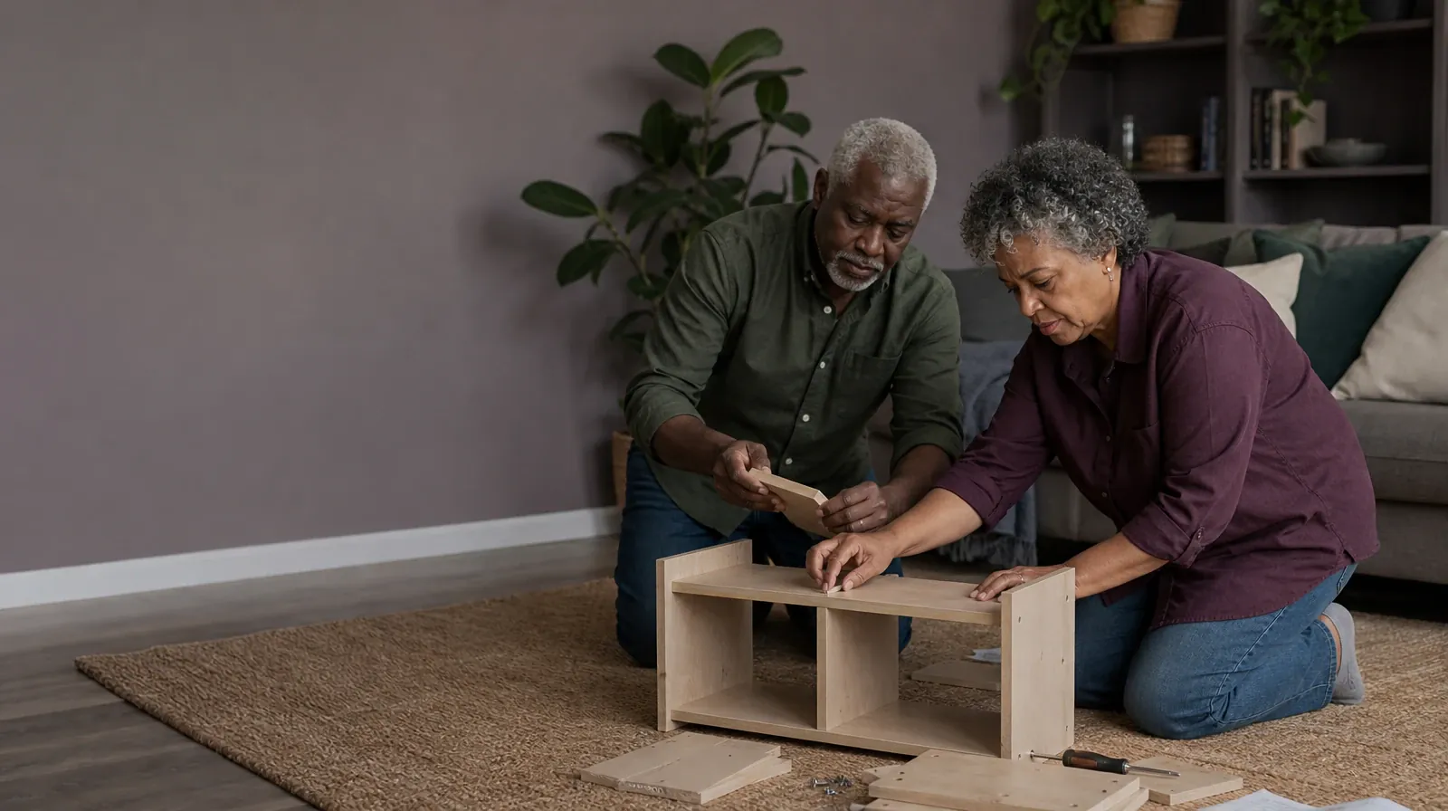 Two adults assemble a small shelf together · Consent and Privacy in Prescription Drug Treatment