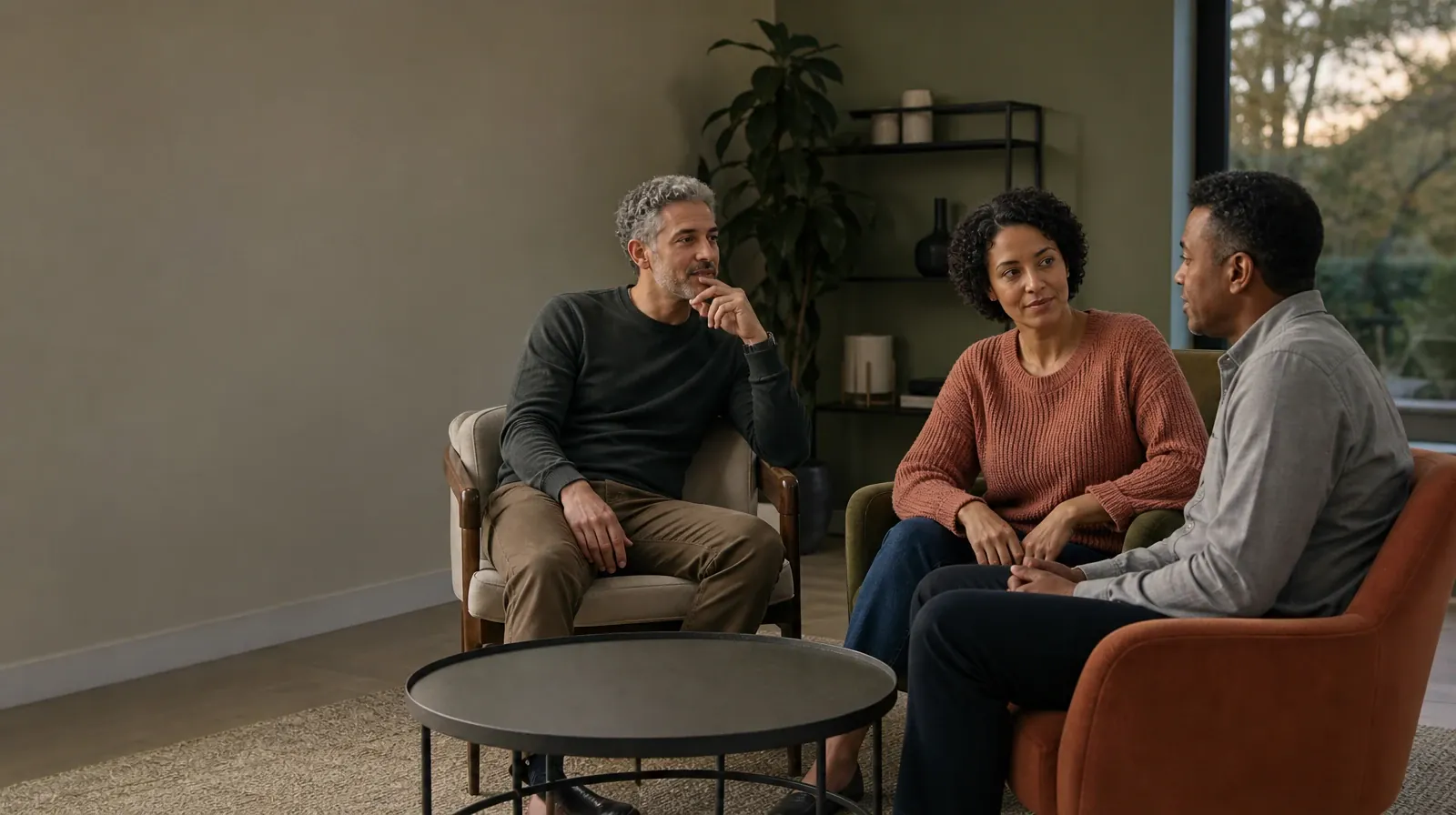 Three adults talk in mismatched chairs around an empty table · Prescription Drug Treatment Cost Questions