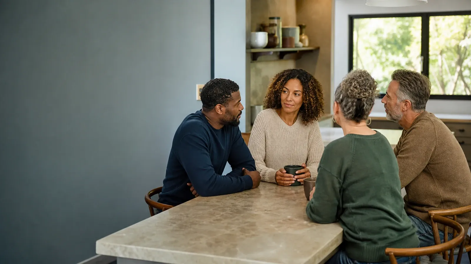 Four adults share an informal conversation at a kitchen table · Understanding a Treatment Plan for Prescription drugs Use