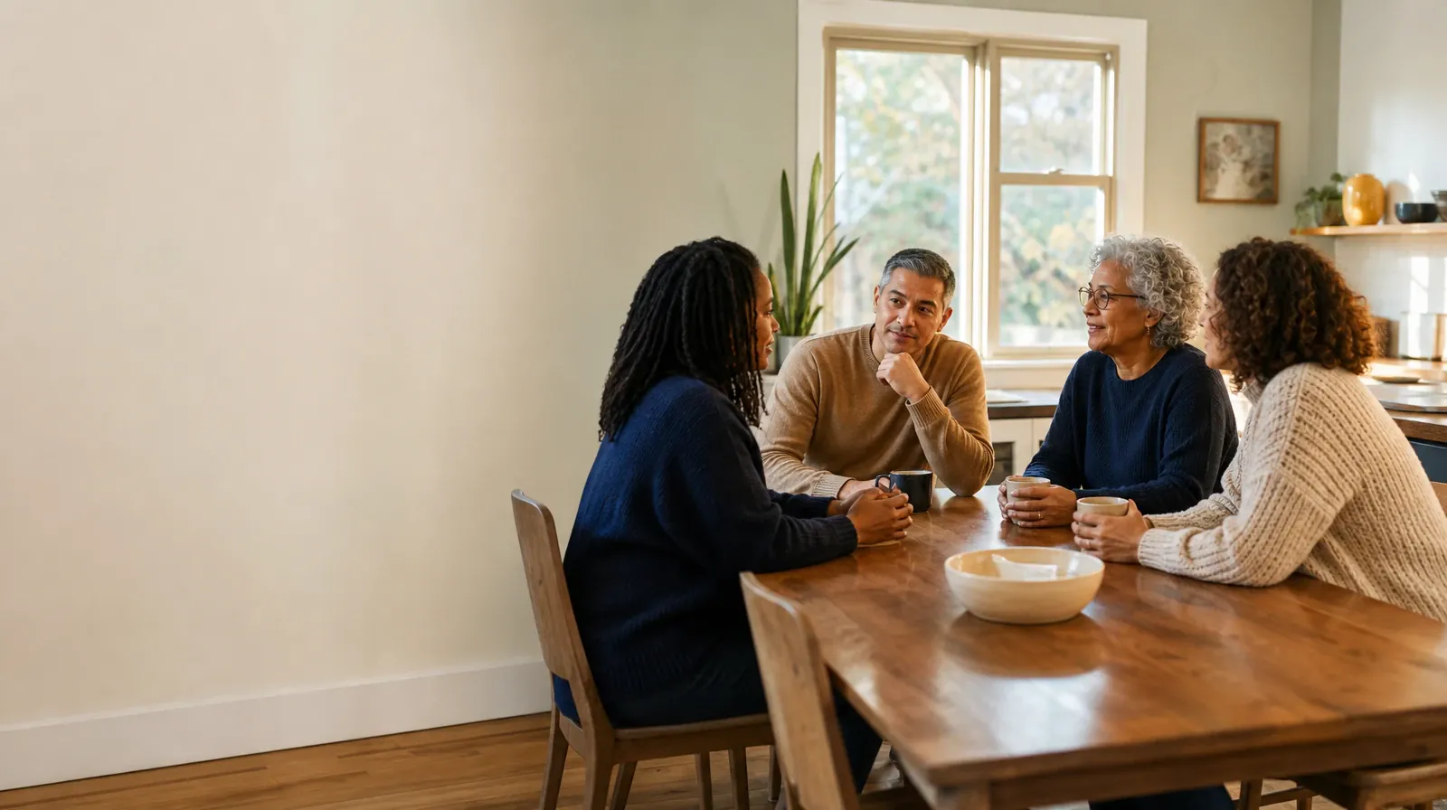 Four adults share an informal conversation at a kitchen table · What to Tell a Clinician About Prescription drugs Use