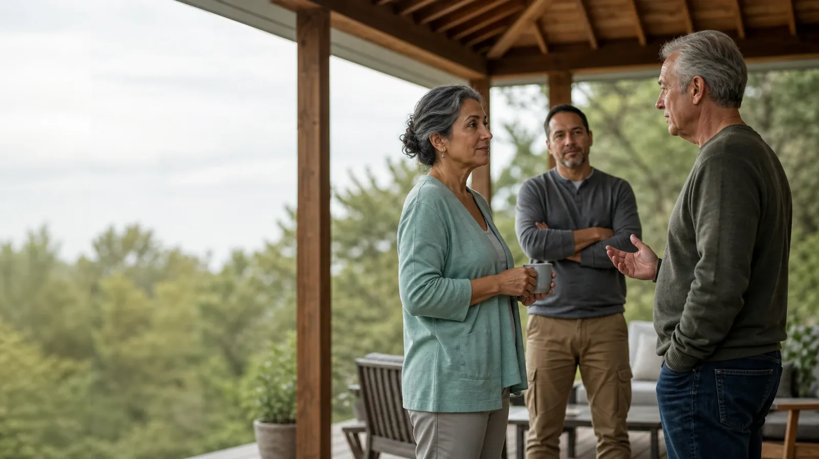Three adults talk on a covered patio · Prescription Drug Withdrawal Care and Ongoing Treatment
