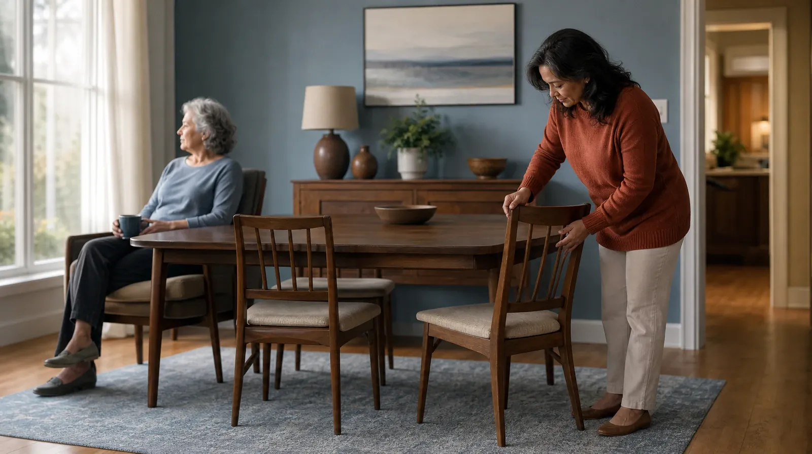 An adult straightens a chair at a cleared table · Support for Recovery From Prescription Opioids Use