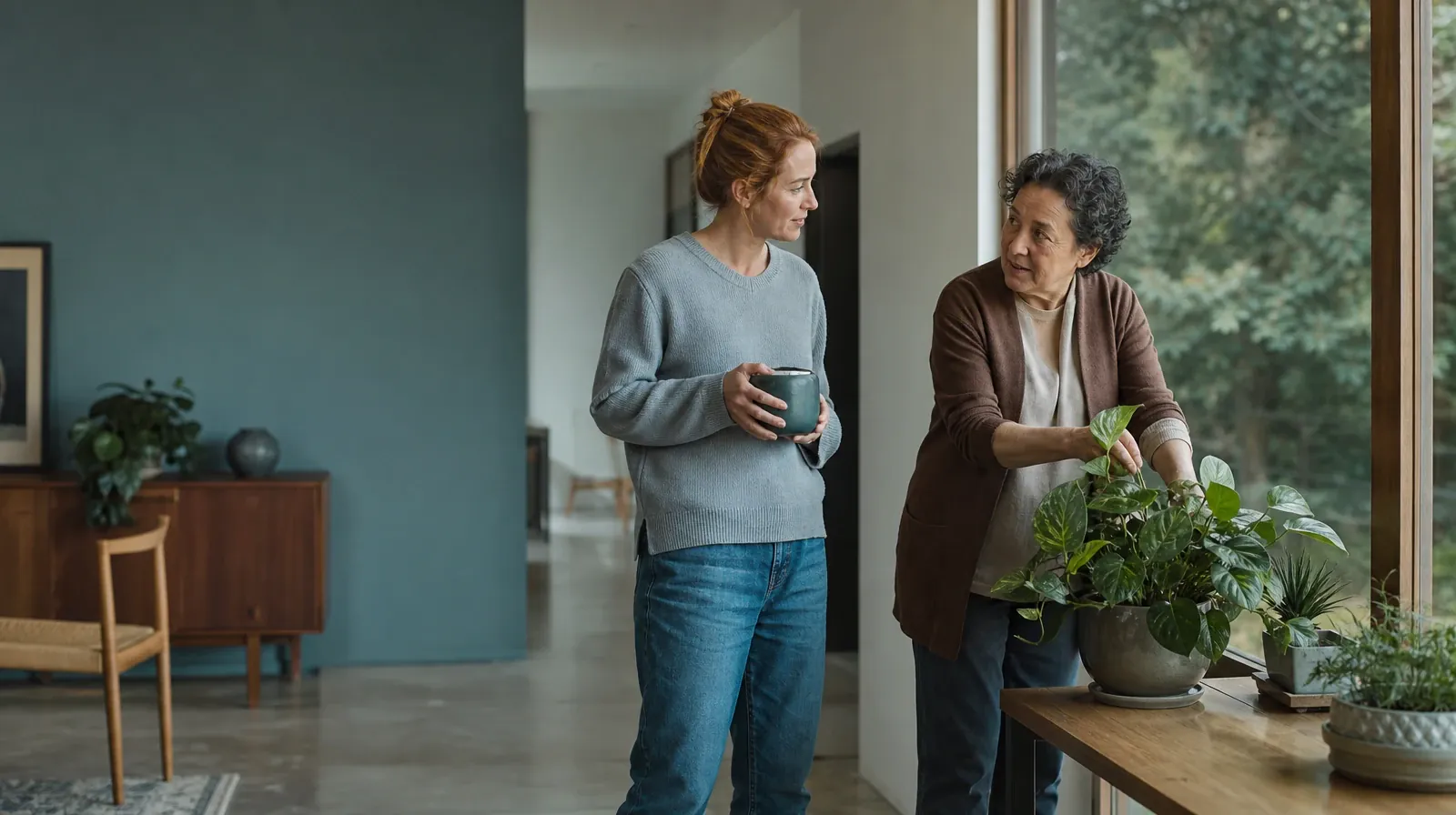 Two adults tend houseplants and talk · Follow-Up Plan After Prescription Opioids Use