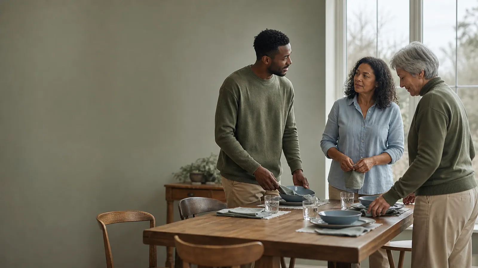 Three adults pause while setting a plain table · Previous Prescription Opioid Treatment Experience