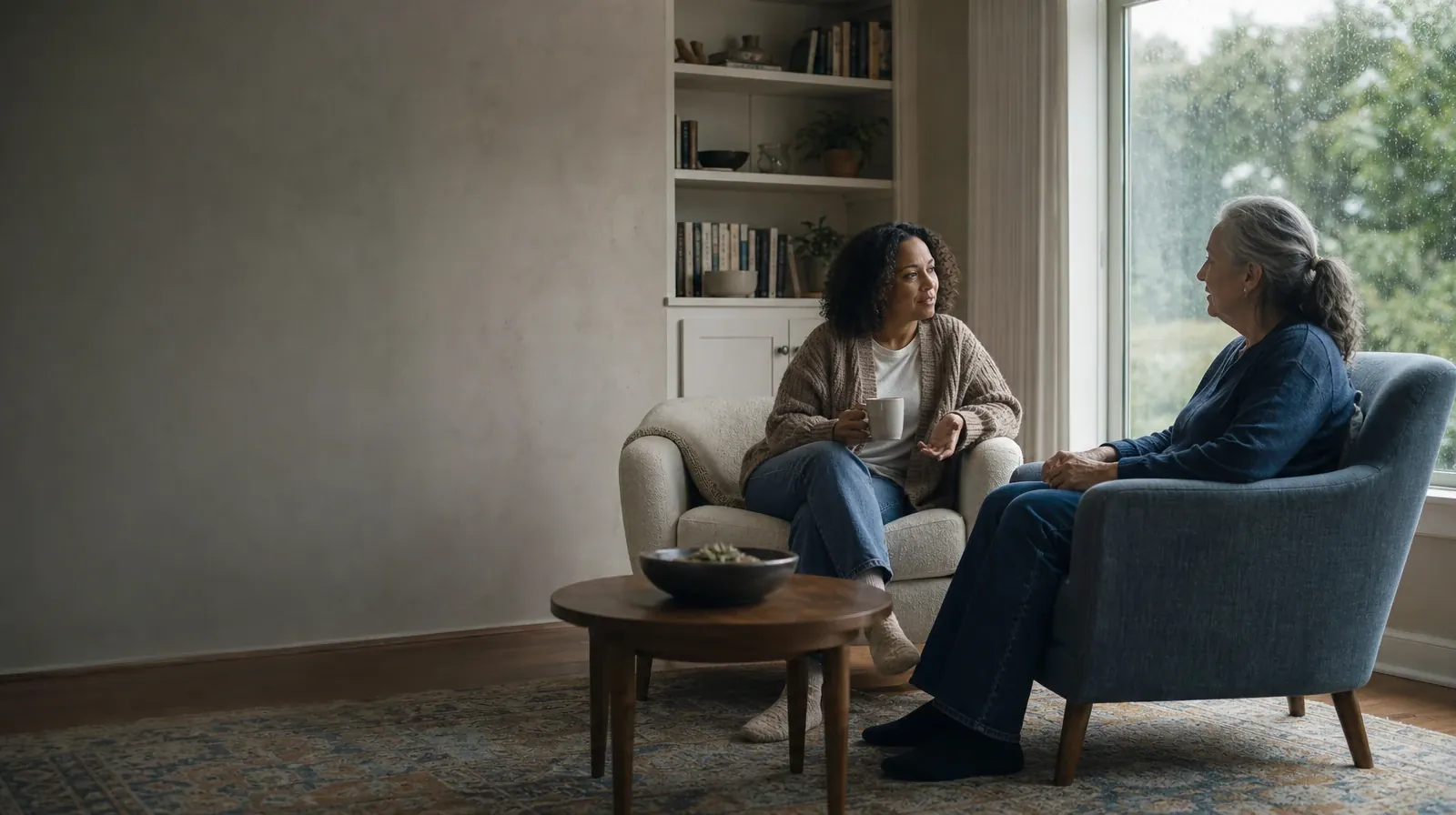 Questions After Returning to Prescription Opioids | Two adults talk from separate armchairs Two adults talk from separate armchairs · Questions After Returning to Prescription Opioids