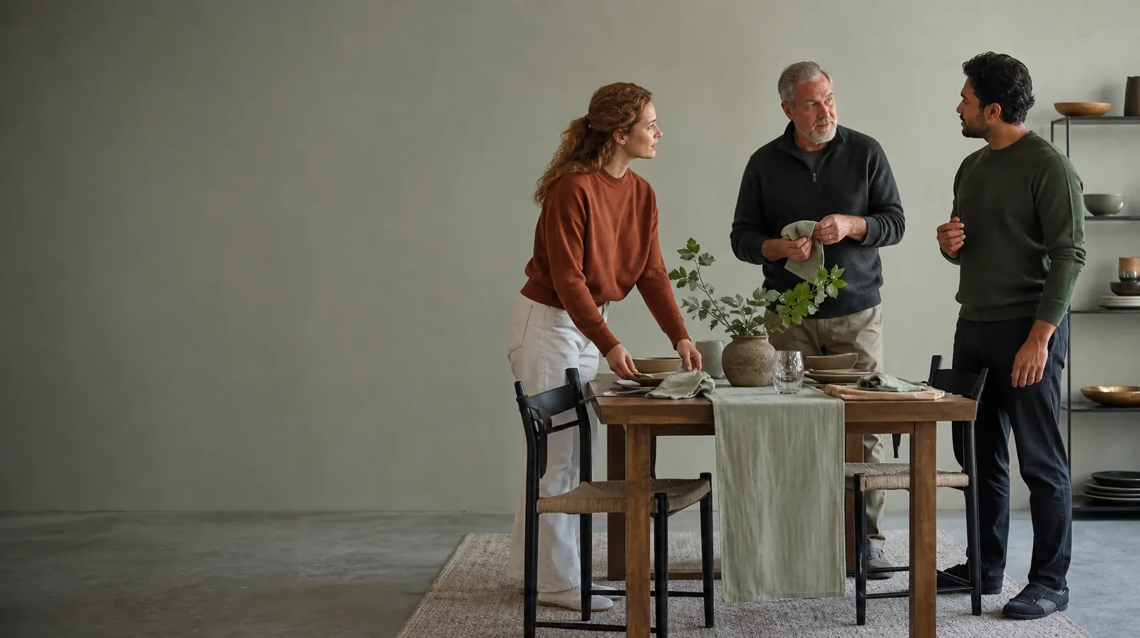 Three adults pause while setting a plain table · Supporting a Partner Concerned About Prescription Opioid Use