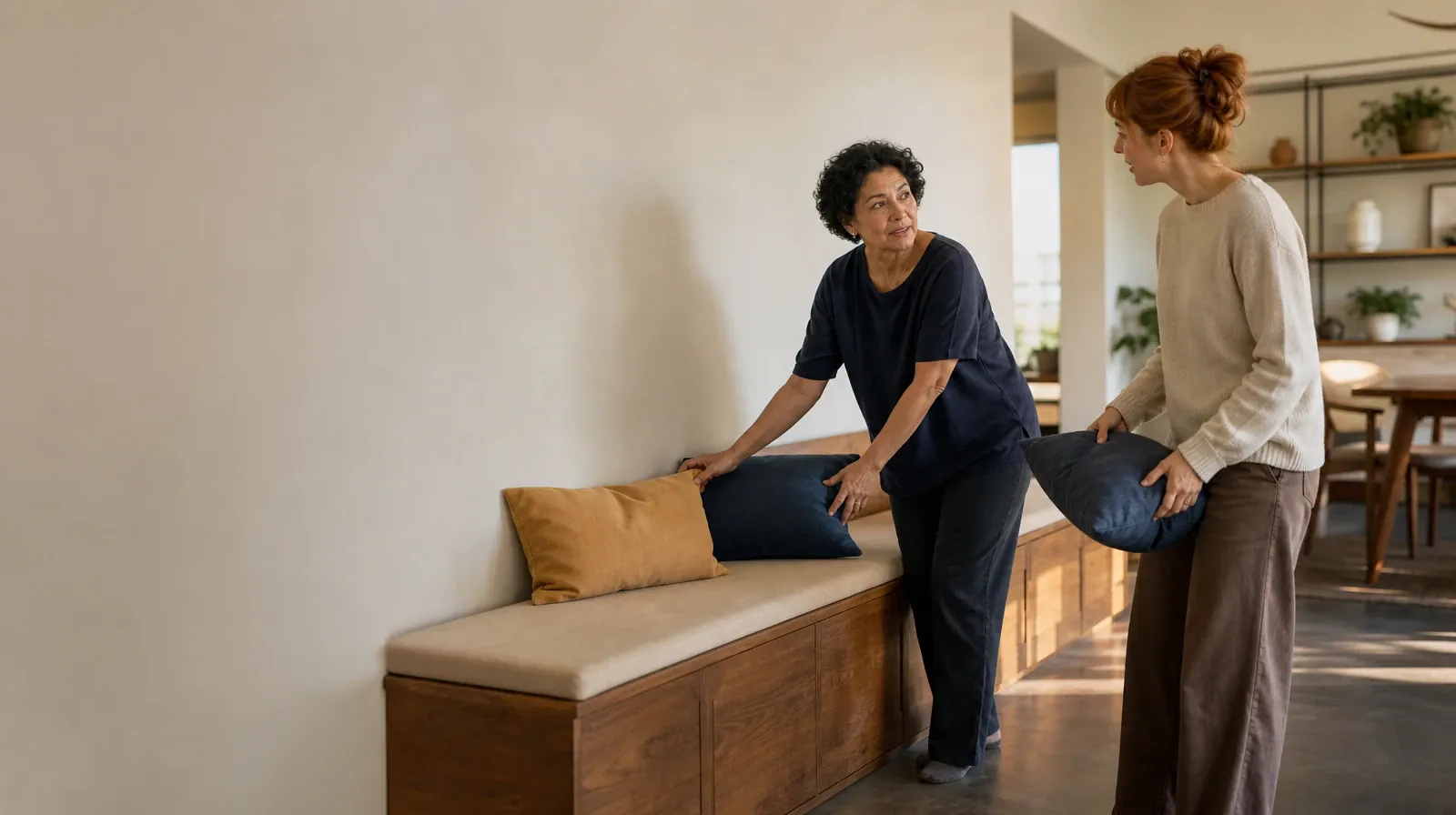 Two adults pause while arranging cushions on a bench · Prescription Opioid Treatment Cost Questions