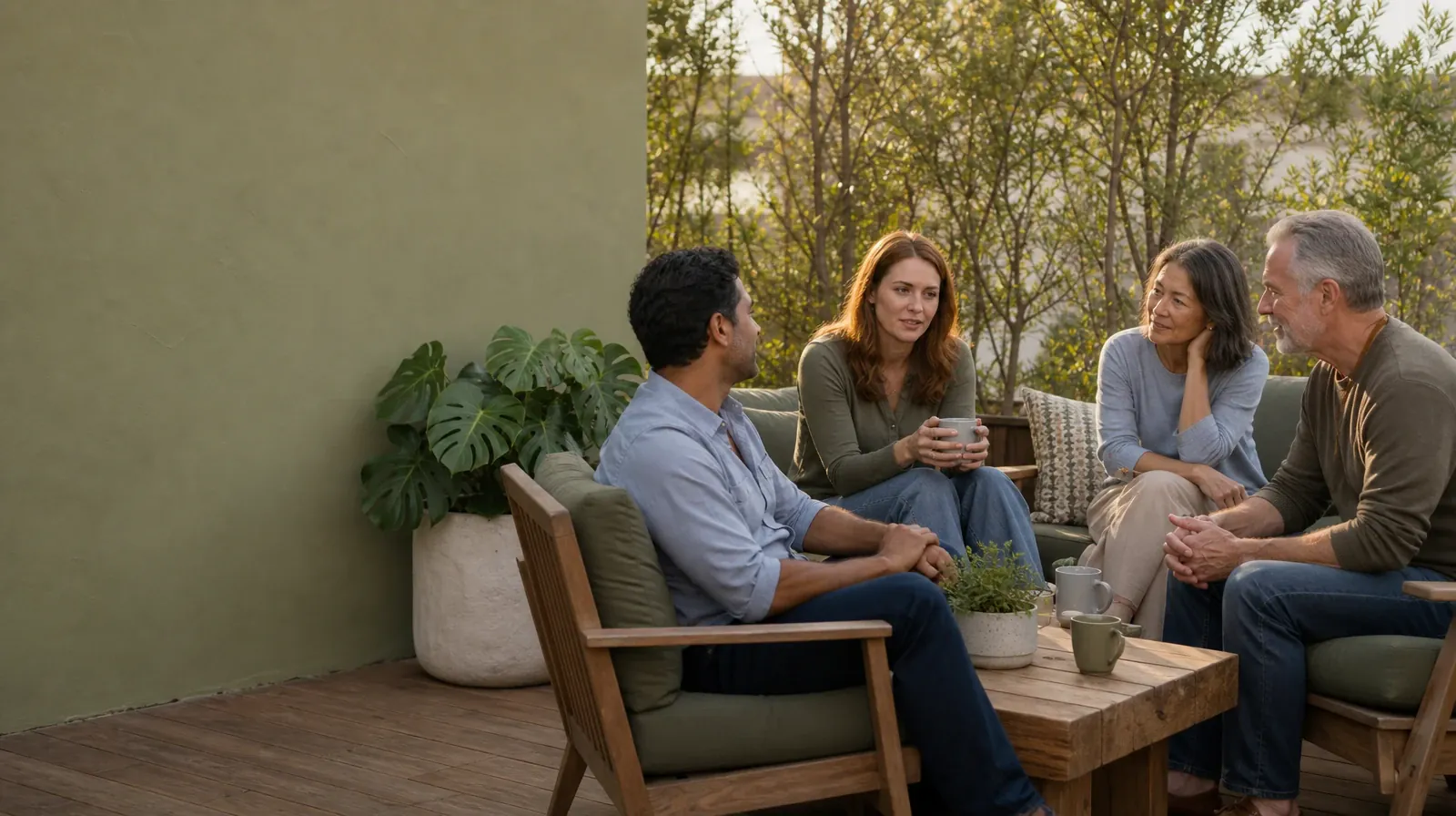 Four adults share a casual patio conversation · Talking to a Clinician About Prescription Opioids