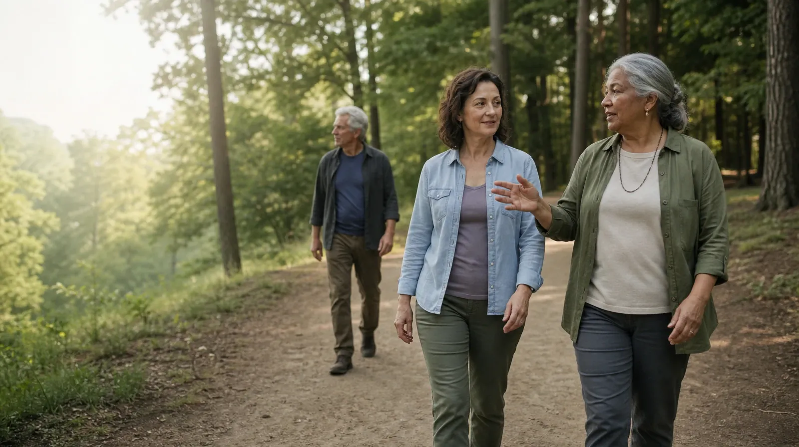 Three adults walk and talk on a wooded path · Prescriber Coordination for Prescription Sedatives Use