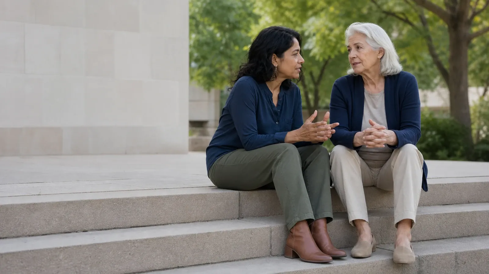 Two adults talk while seated on broad steps · Previous Treatment for Prescription Sedative Use