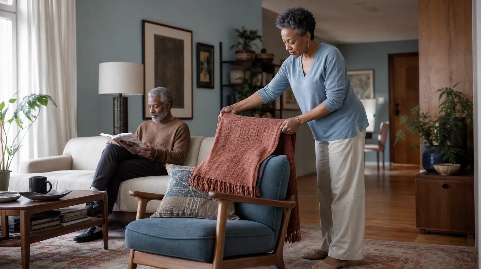 An adult folds a plain cotton throw over a chair · Sleep Medication Review and Prescription sedatives Use