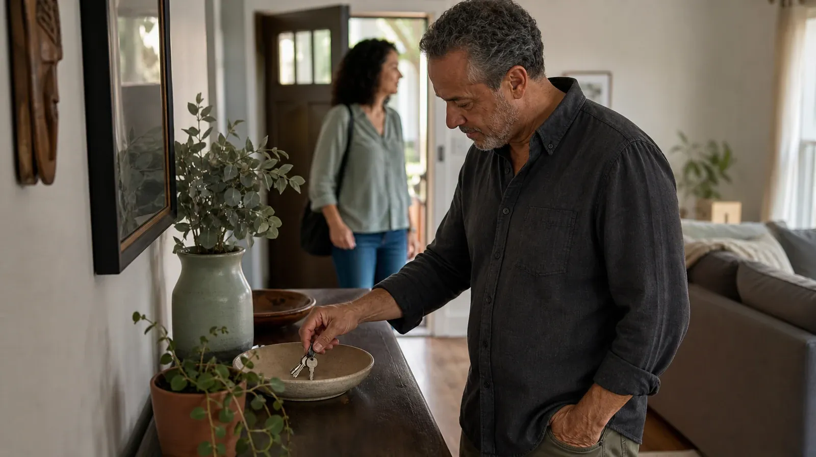 An adult places house keys into a small bowl · Supporting an Adult Family Member With Prescription sedatives Use