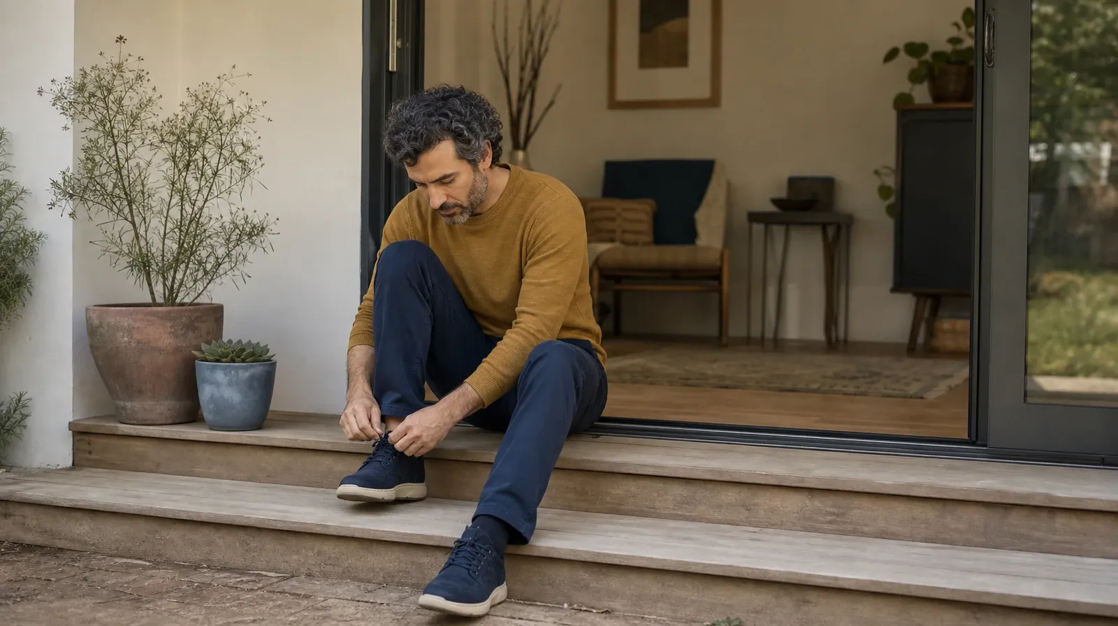 An adult ties a shoe on a low home step · Understanding a Treatment Plan for Prescription sedatives Use