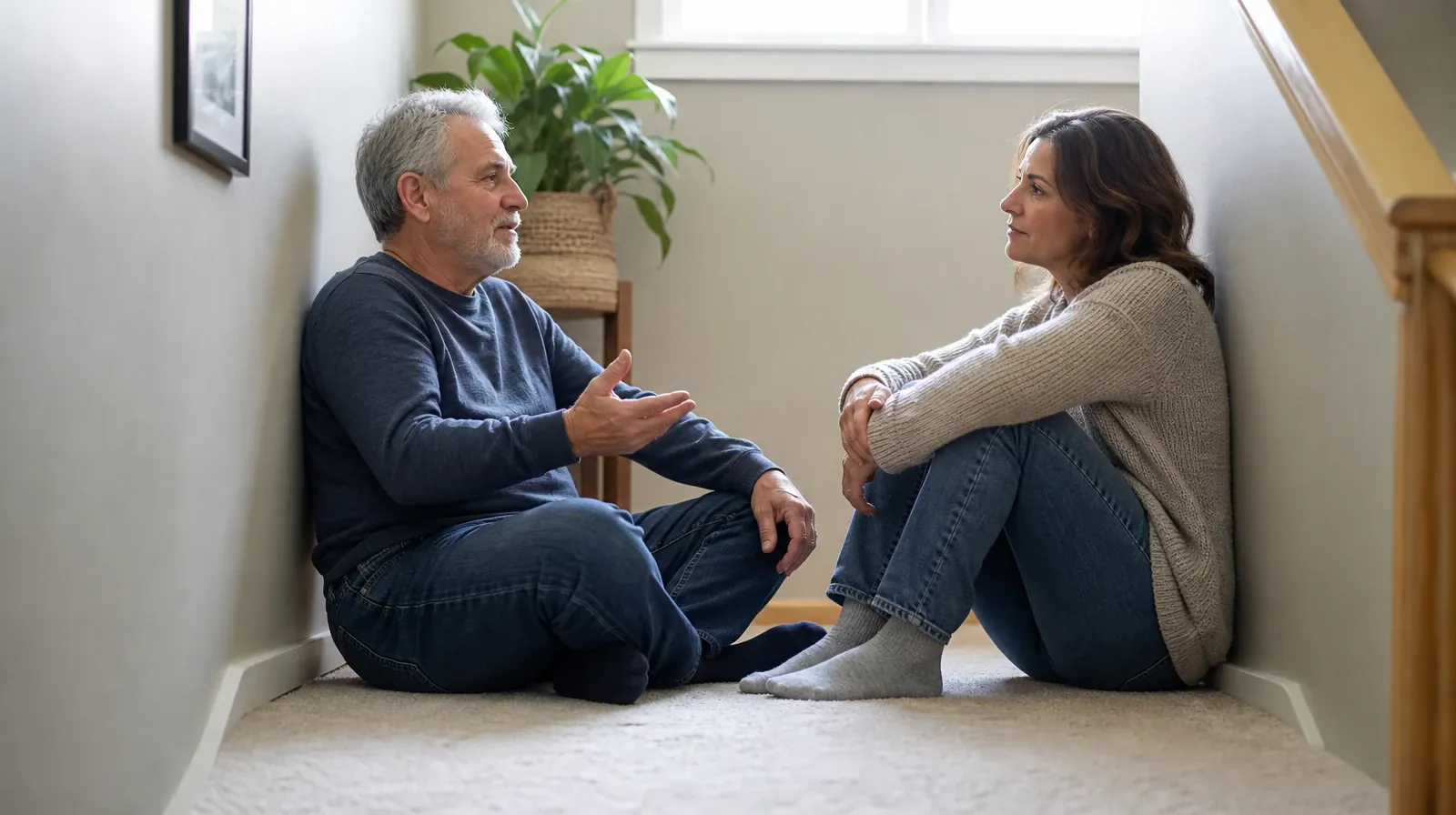 Two adults sit on a broad home stair landing while one speaks… · Prescription sedatives Addiction Treatment in Miramar, FL