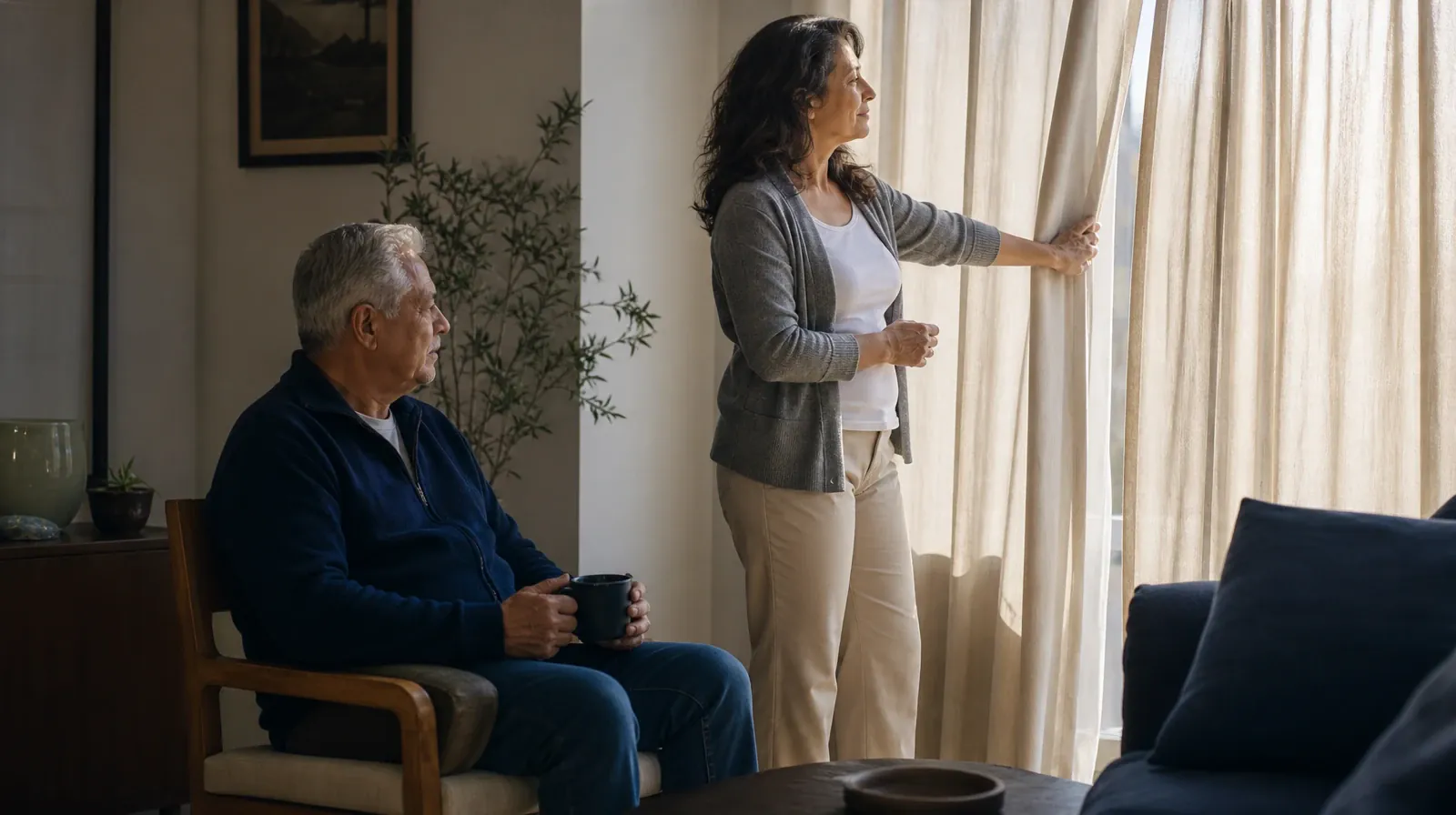 An adult opens a plain curtain in morning light · Behavioral Treatment Questions About Prescription stimulants Use