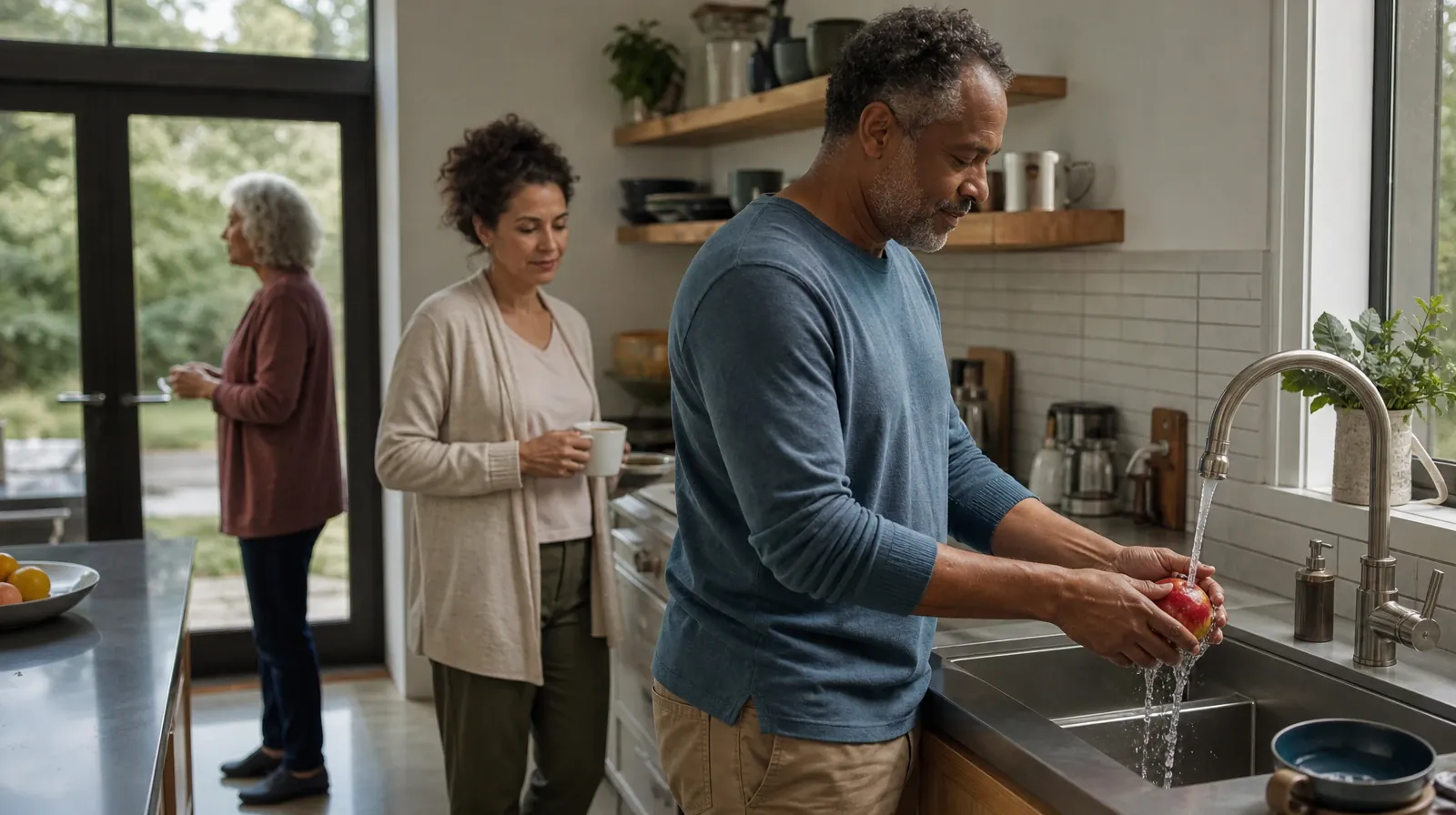An adult rinses an apple at a kitchen sink · Counseling and Coping With Prescription Stimulant Use