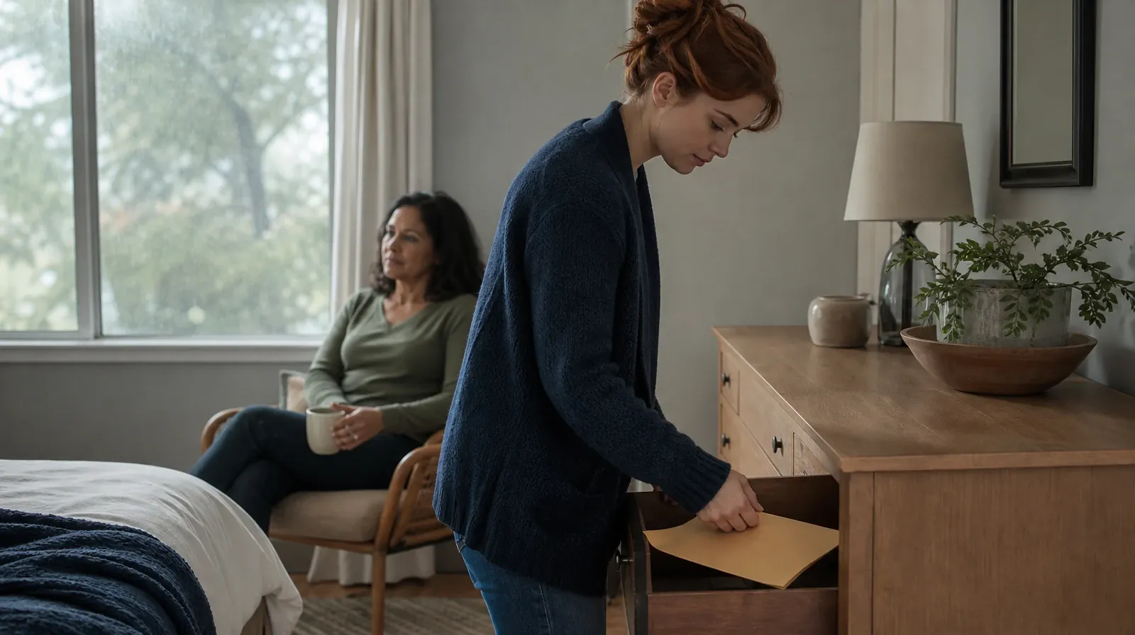 An adult places a plain sealed envelope in a drawer · Heart Health Questions About Prescription stimulants Use