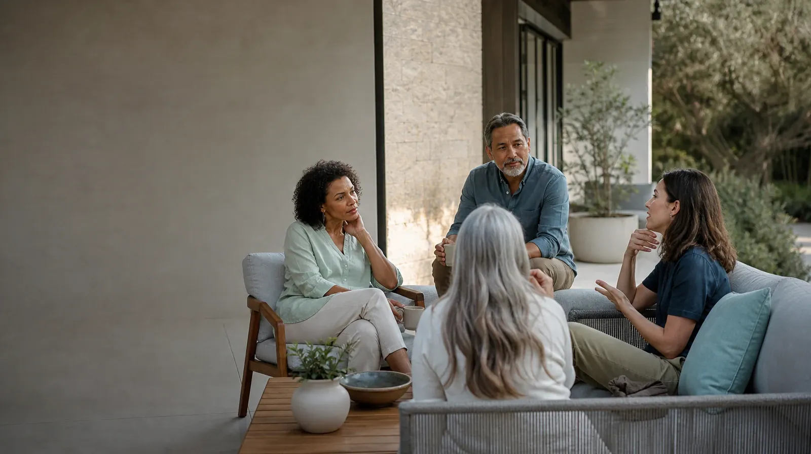 Four adults share a casual patio conversation · Helping an Adult Sibling With Prescription Stimulant Use