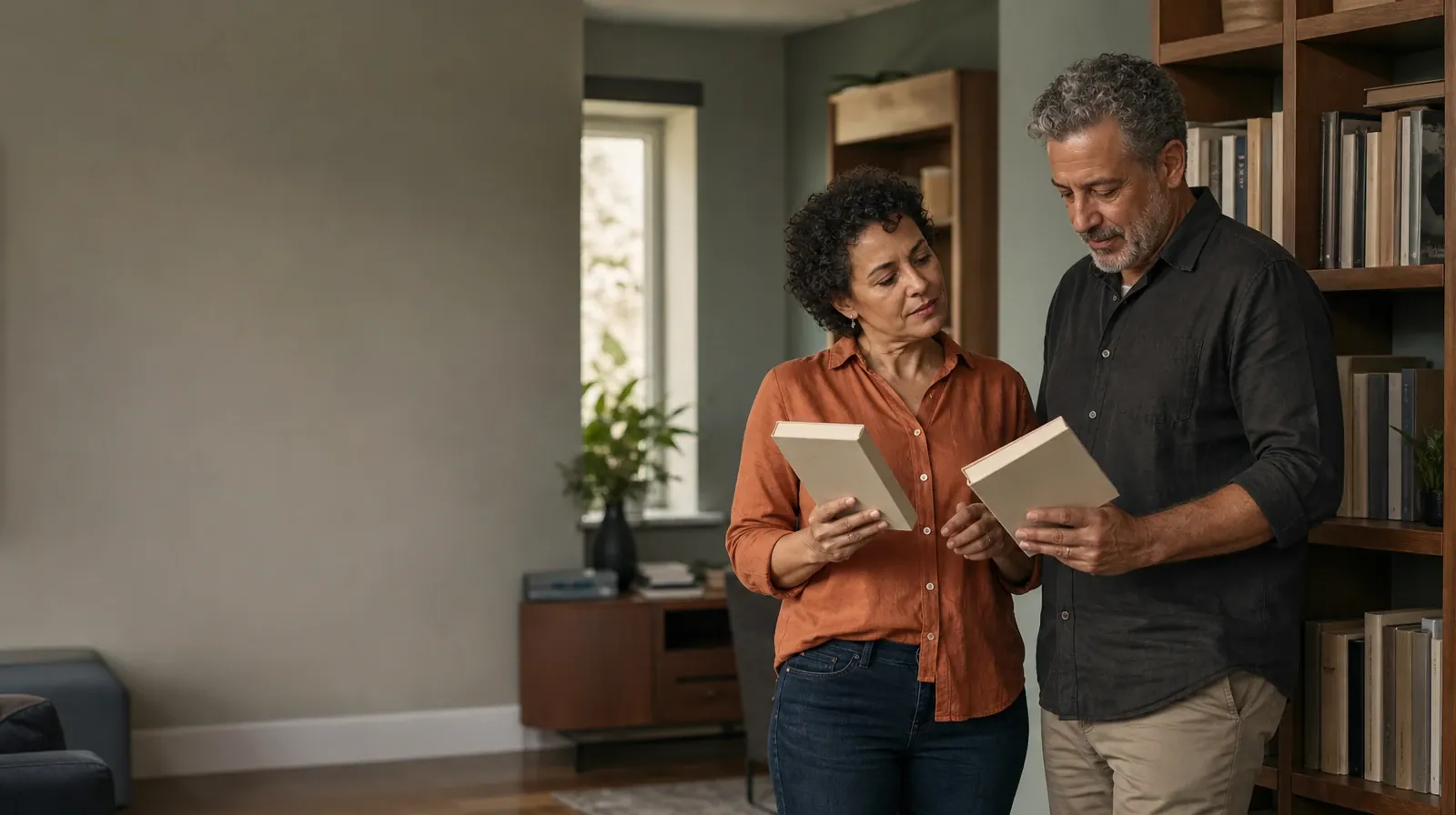 Two adults compare plain books beside a bookshelf · Sleep and Recovery After Prescription stimulants Use