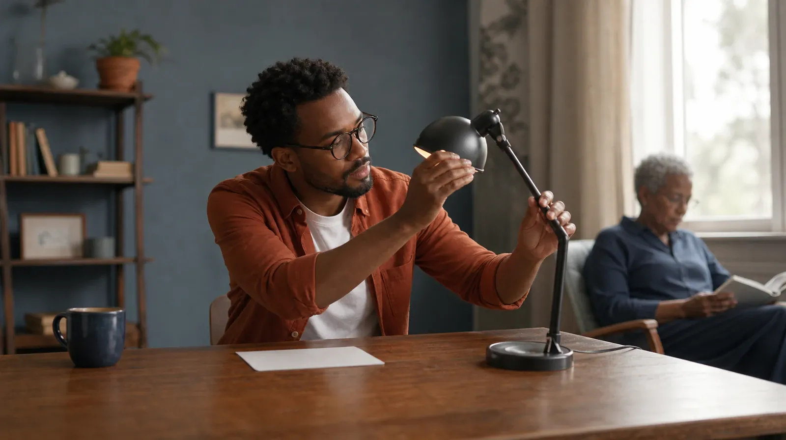An adult adjusts a desk lamp beside blank paper · Talking With Family About Prescription stimulants Use