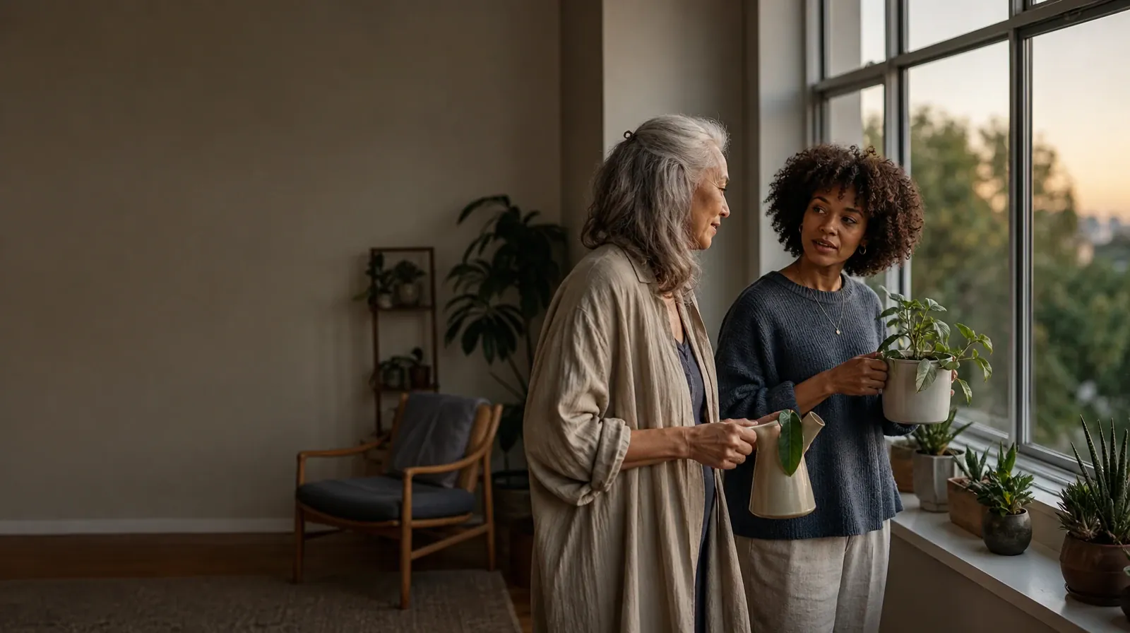 Two adults tend houseplants and talk · Alcohol Combination Concerns With Restoril Use in South Florida