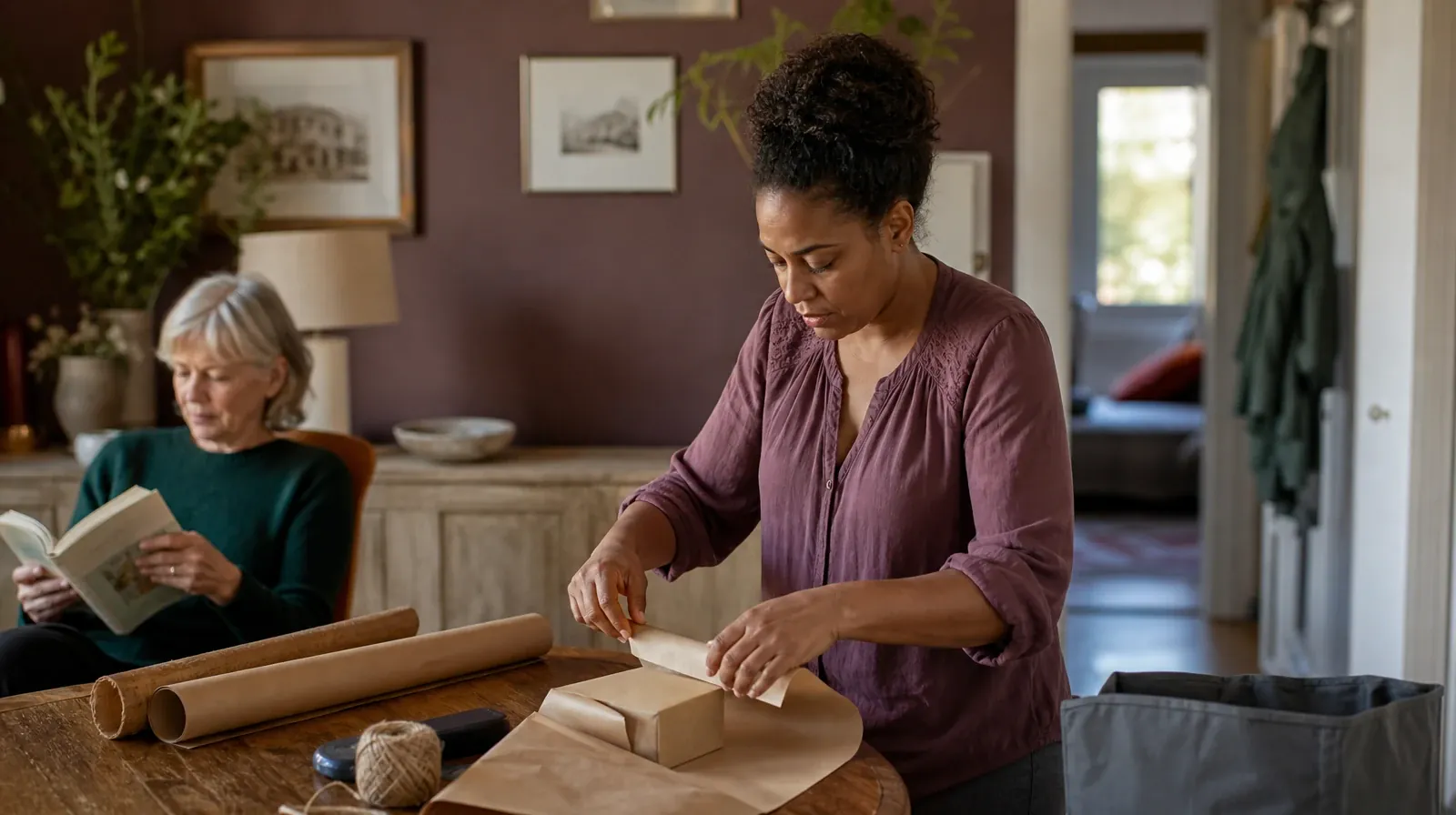 An adult wraps a small box in plain brown paper · Supporting an Adult Family Member With Restoril Use