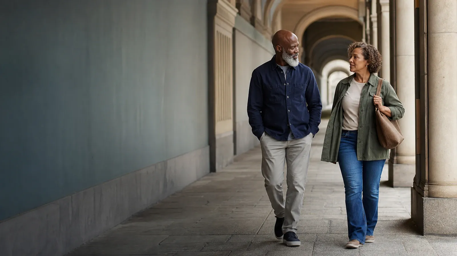 Two adults walk and talk beneath a covered arcade · Understanding a Treatment Plan for Ritalin Use in South Florida