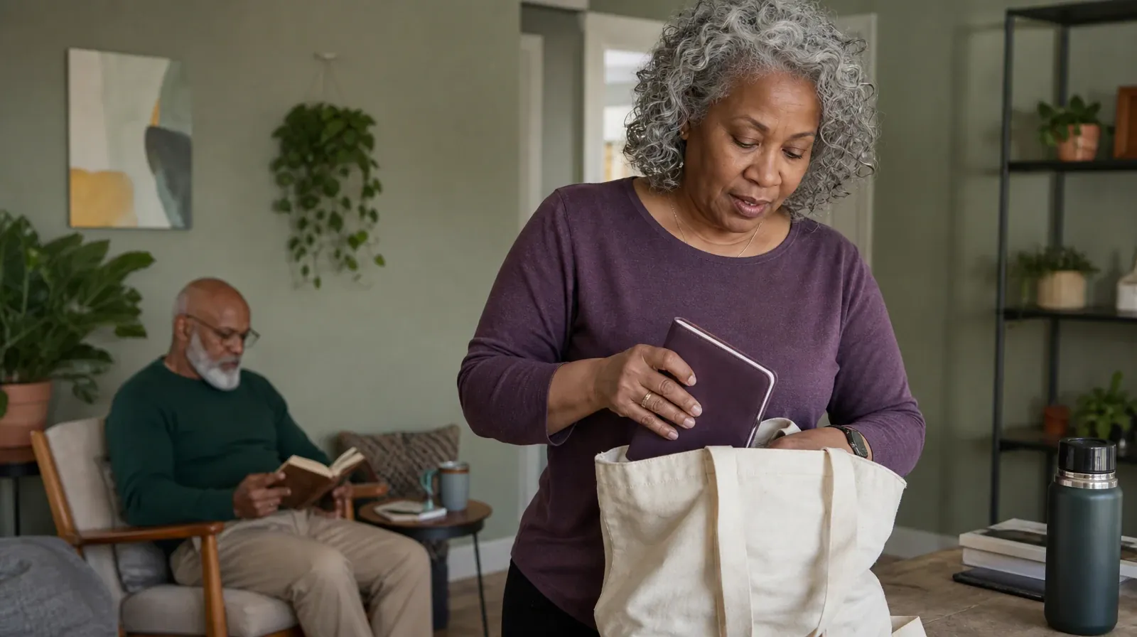 An adult places a closed journal in a fabric tote · Residential Care for Synthetic Cannabinoids Use