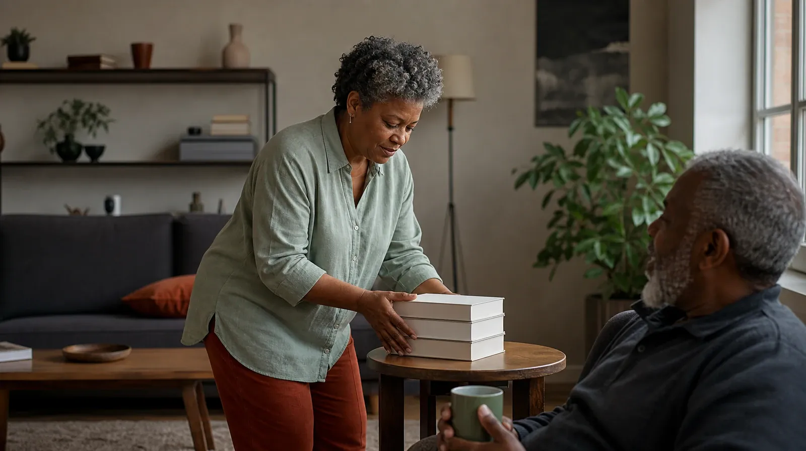 An adult stacks three plain books on a table · Discussing Synthetic Cannabinoid Use Frequency