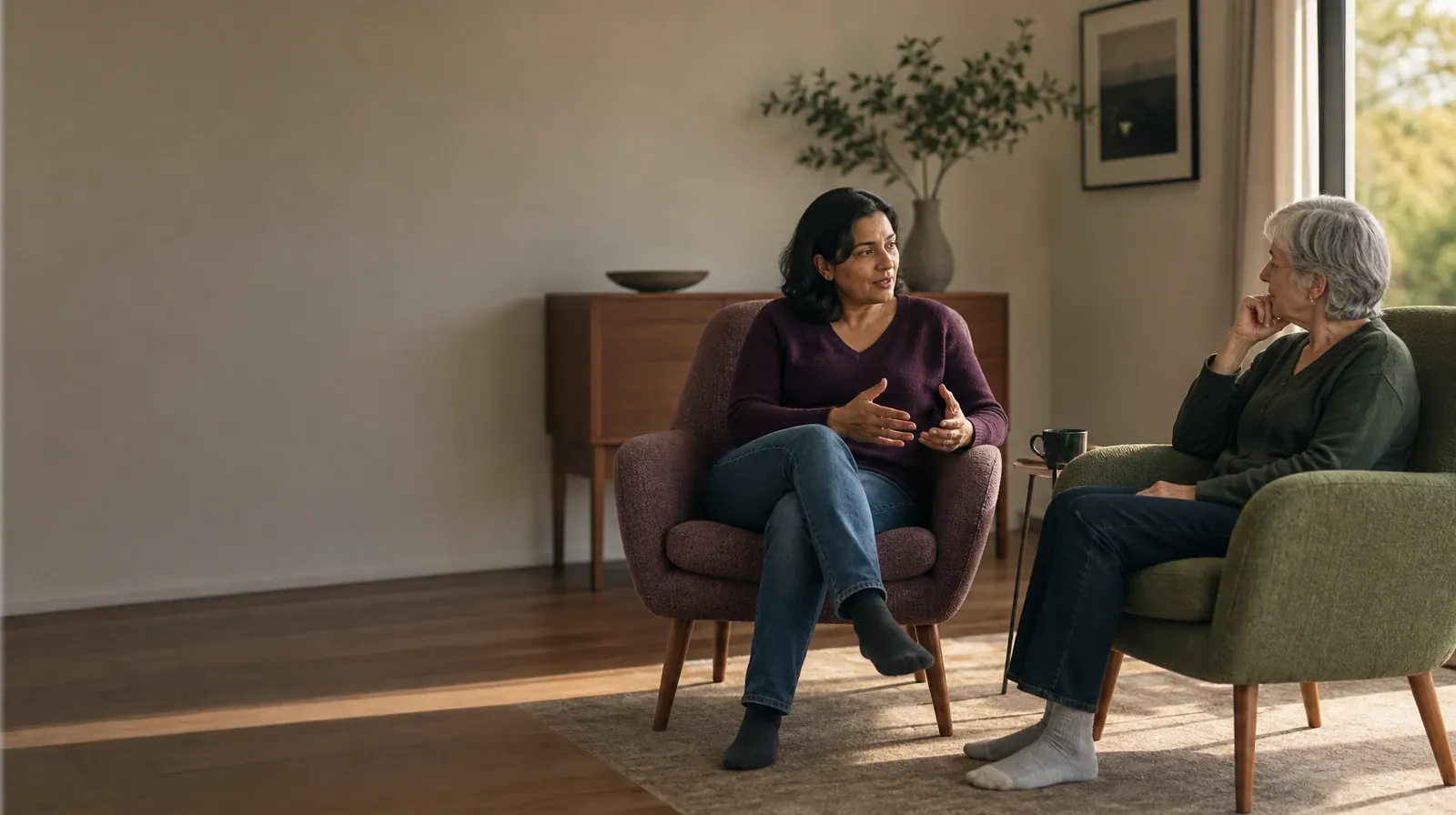 Building Support Around Recovery From Synthetic cathinones Use | Two adults talk from separate armchairs Two adults talk from separate armchairs · Building Support Around Recovery From Synthetic cathinones Use