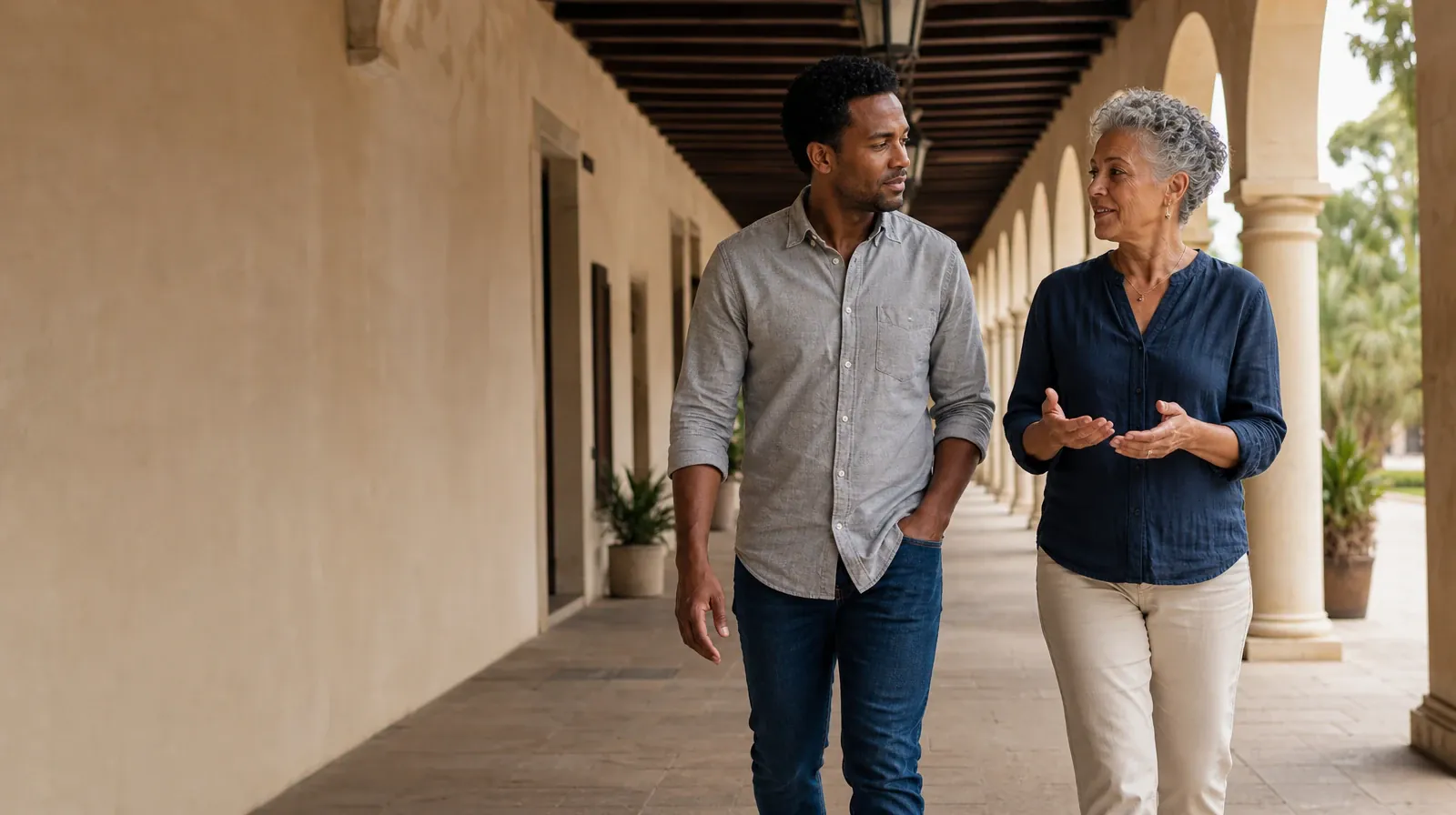 Two adults walk and talk beneath a covered arcade · Helping an Adult Sibling With Synthetic cathinones Use