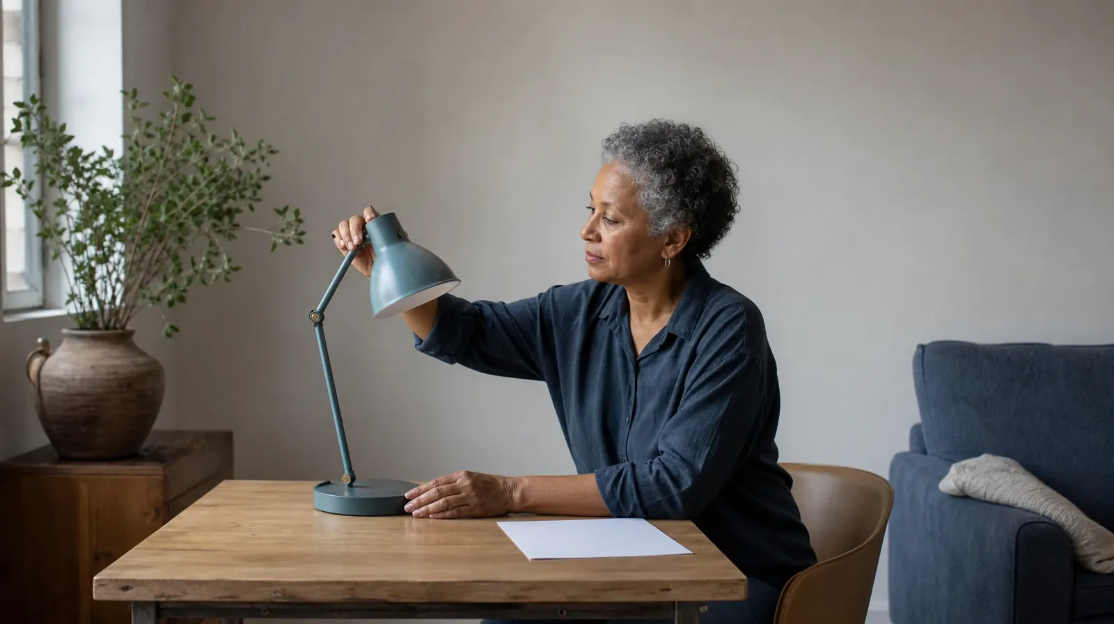 An adult adjusts a desk lamp beside blank paper · Prescription History and Synthetic cathinones Use