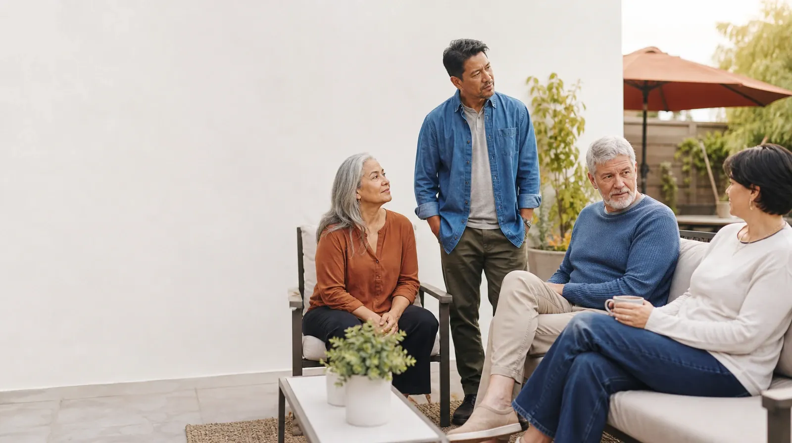 Four adults share a casual patio conversation · Supporting an Adult Family Member With Synthetic cathinones Use