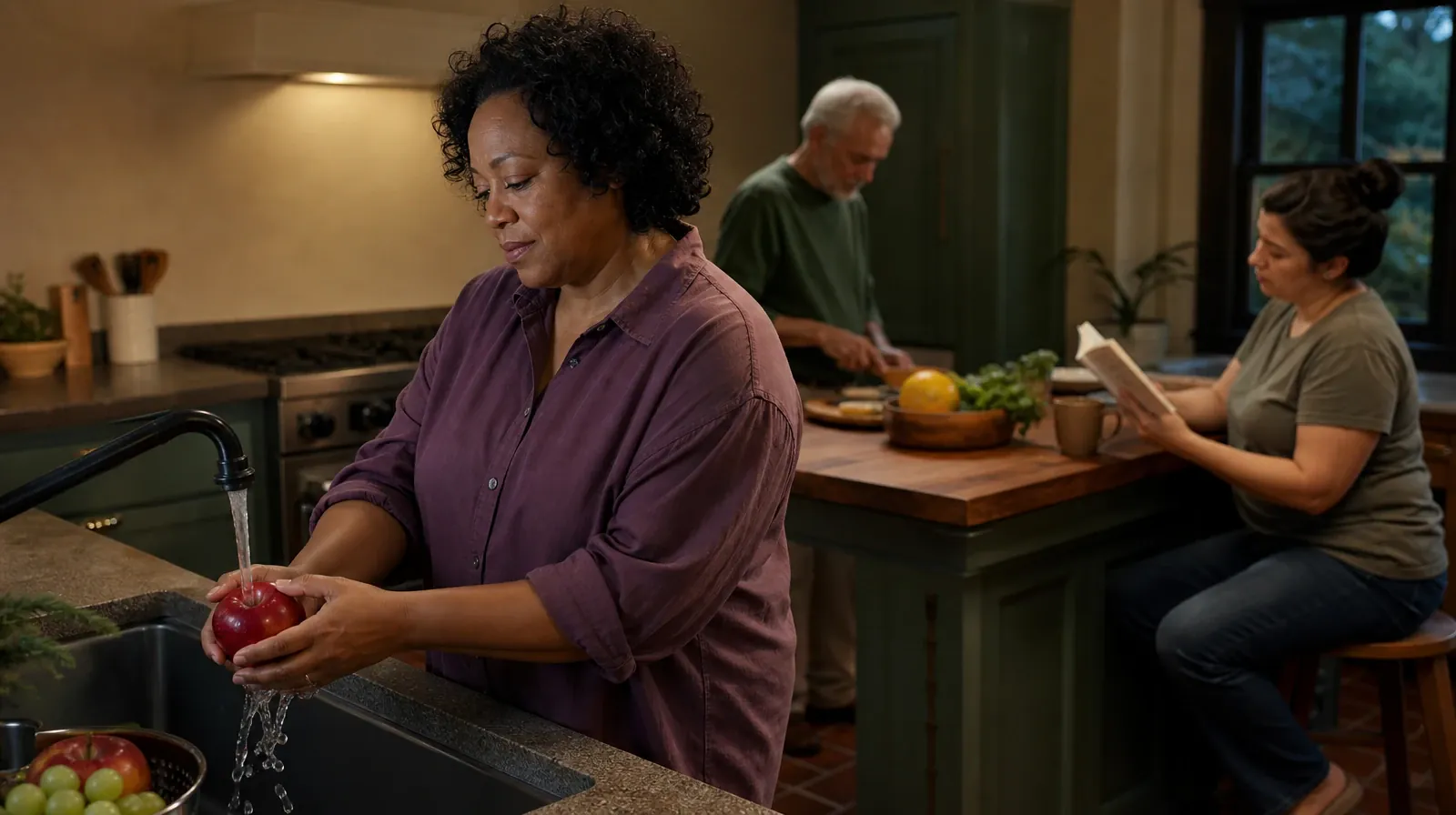 An adult rinses an apple at a kitchen sink · Work and Treatment Planning for Synthetic cathinones Use