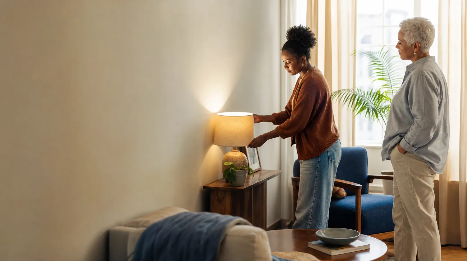 An adult adjusts a lamp while another waits nearby · Asking for an Assessment for Tramadol Use in South Florida