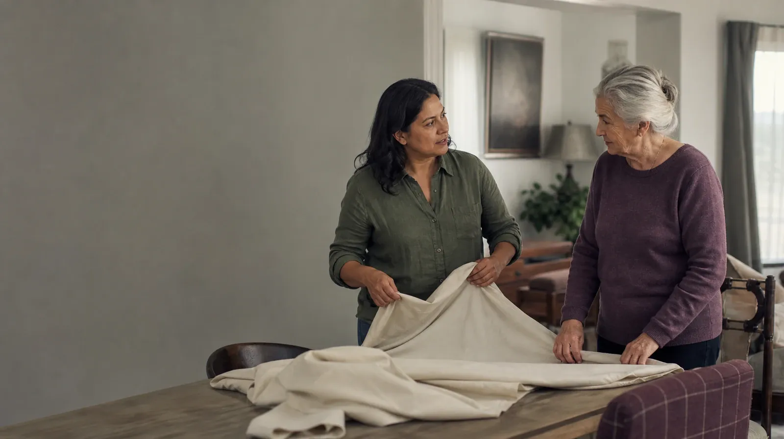 Two adults fold a plain cloth together · Counseling and Coping With Tramadol Use in South Florida
