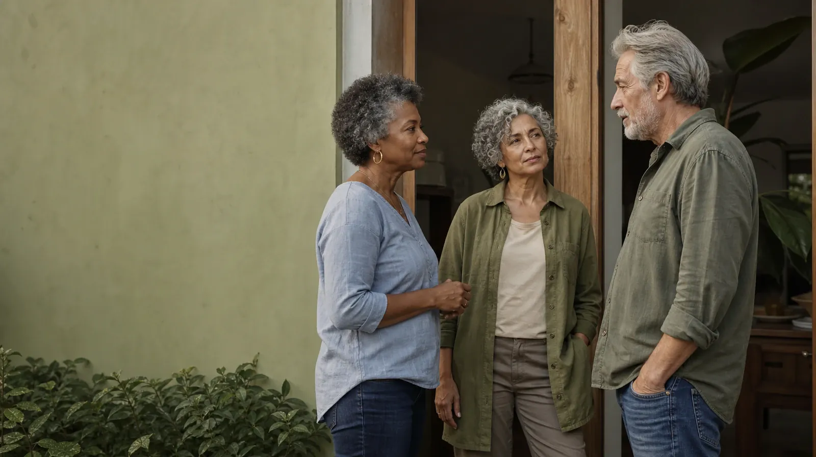 Three adults talk near an open home doorway · Pain Care and Recovery From Tramadol Use in South Florida