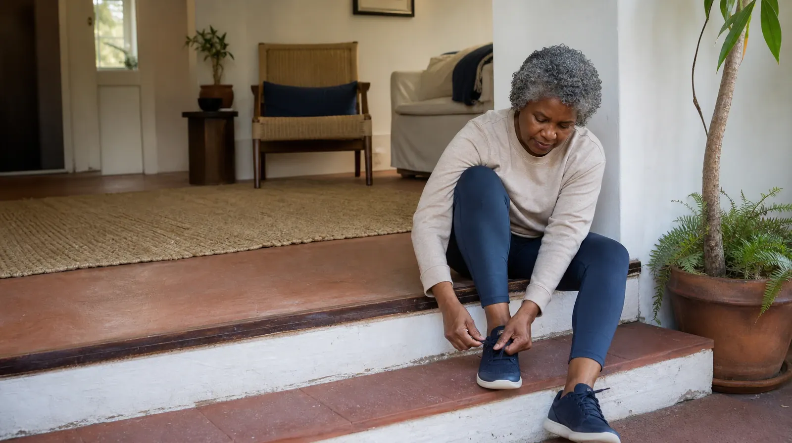 An adult ties a shoe on a low home step · When Other Substances Are Used With Tramadol Use in South Florida