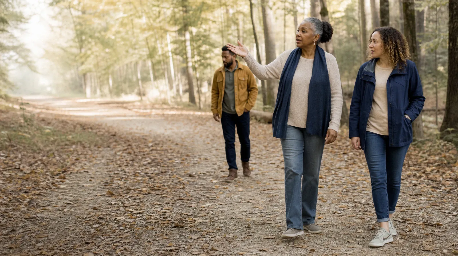 Three adults walk and talk on a wooded path · Recognizing Concerns About Valium Use in South Florida
