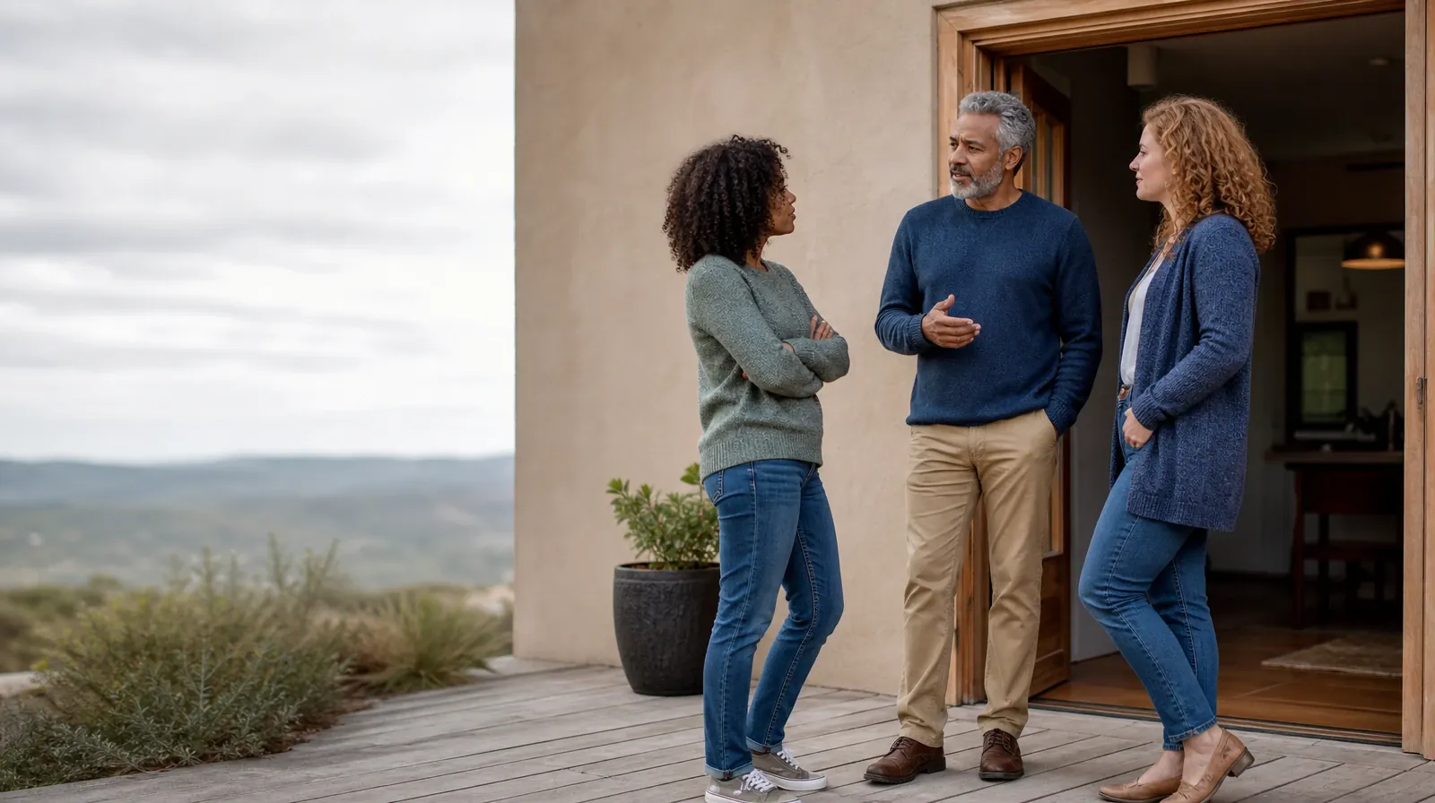 Three adults talk near an open home doorway · Pain and Treatment Questions About Valium Use in South Florida