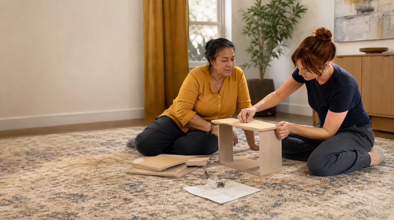 Two adults assemble a small shelf together · Helping an Adult Sibling With Vicodin Use in South Florida