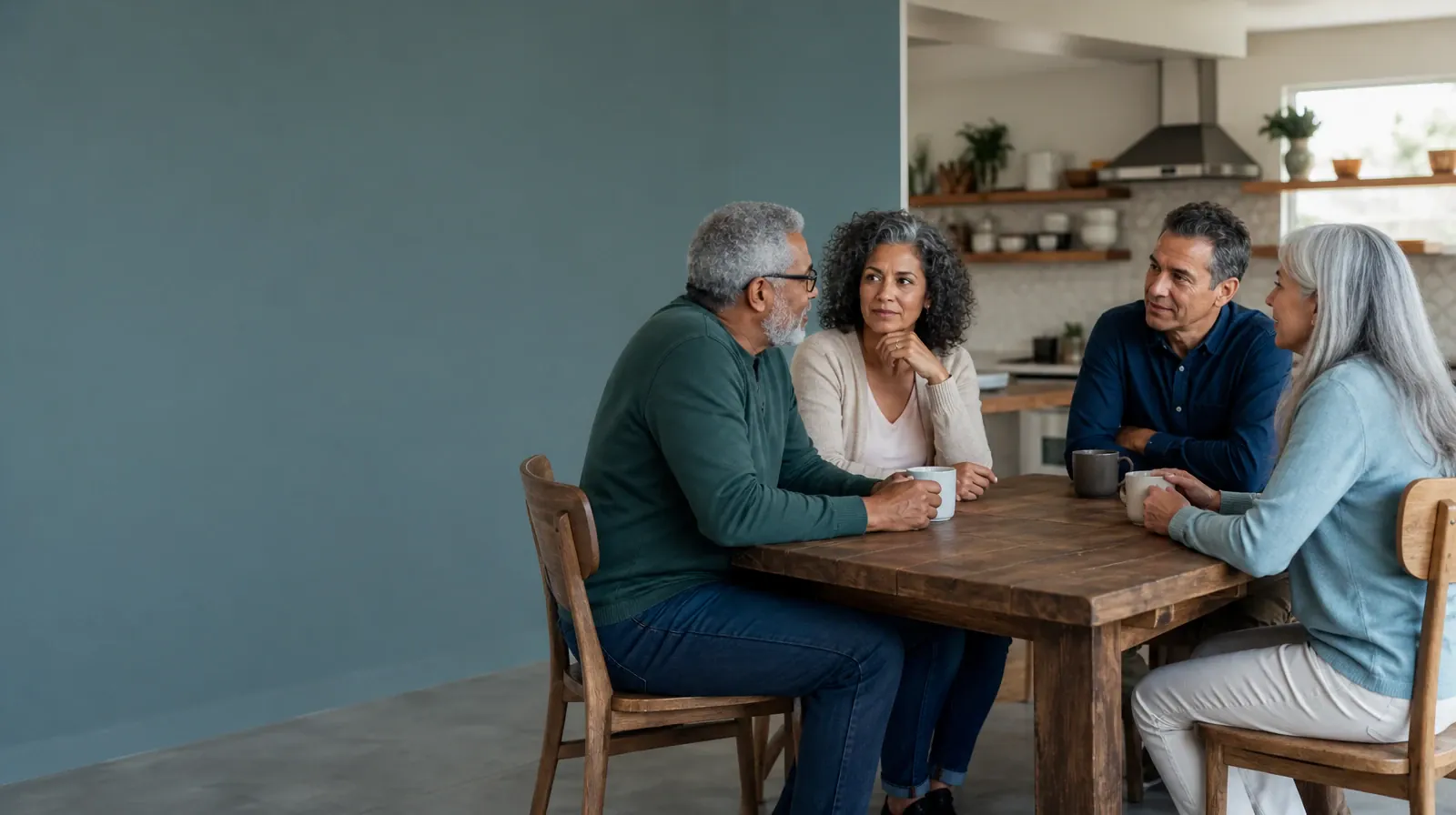 Four adults share an informal conversation at a kitchen table · Pain Care and Recovery From Vicodin Use in South Florida
