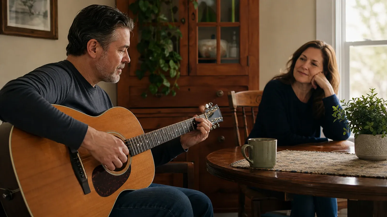 An adult plays an acoustic guitar while an adult loved one listens from a… · Vicodin Addiction Treatment in Miramar, FL