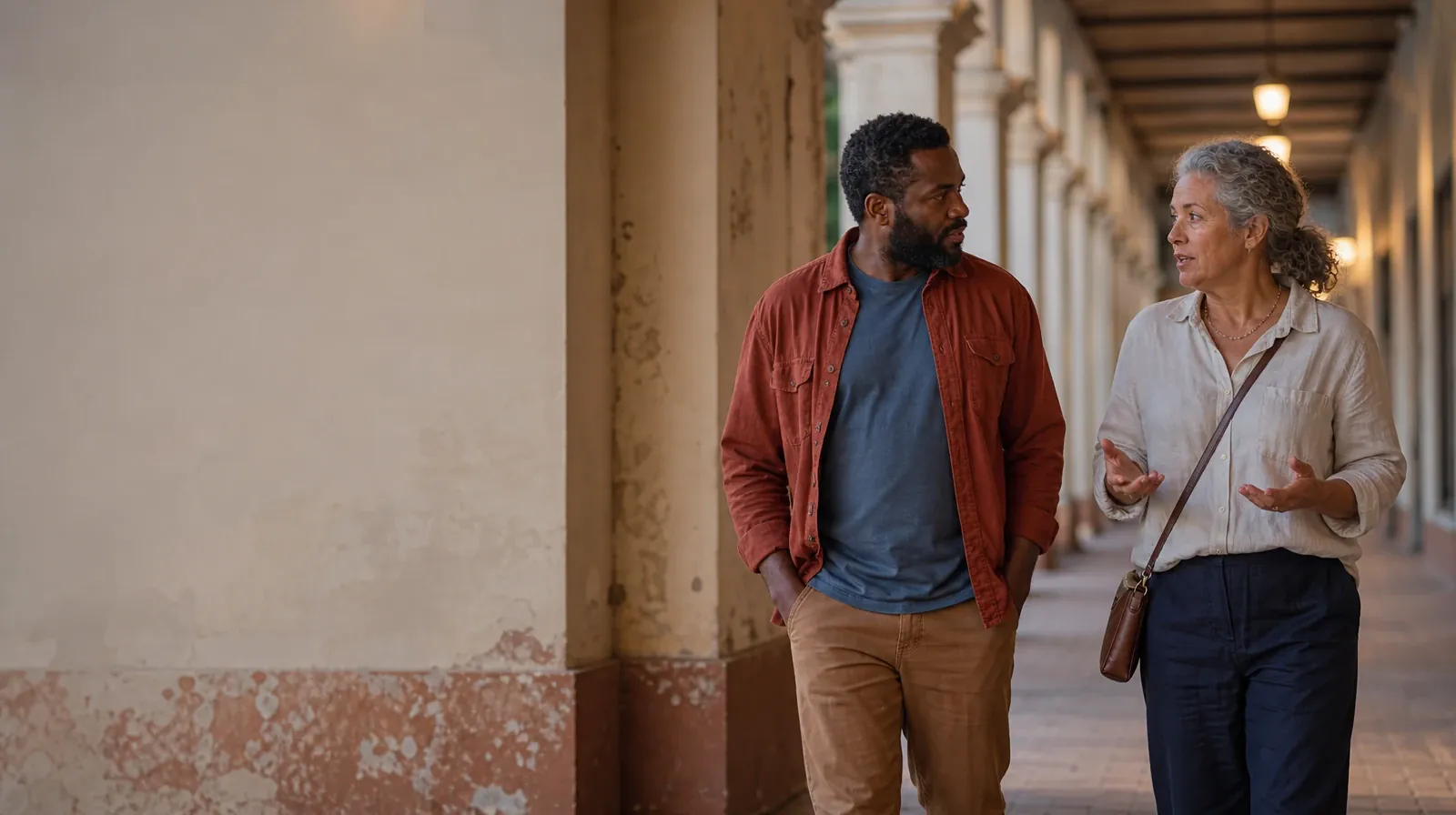 Building Support Around Recovery From Vyvanse Use | Two adults walk and talk beneath a covered arcade Two adults walk and talk beneath a covered arcade · Building Support Around Recovery From Vyvanse Use