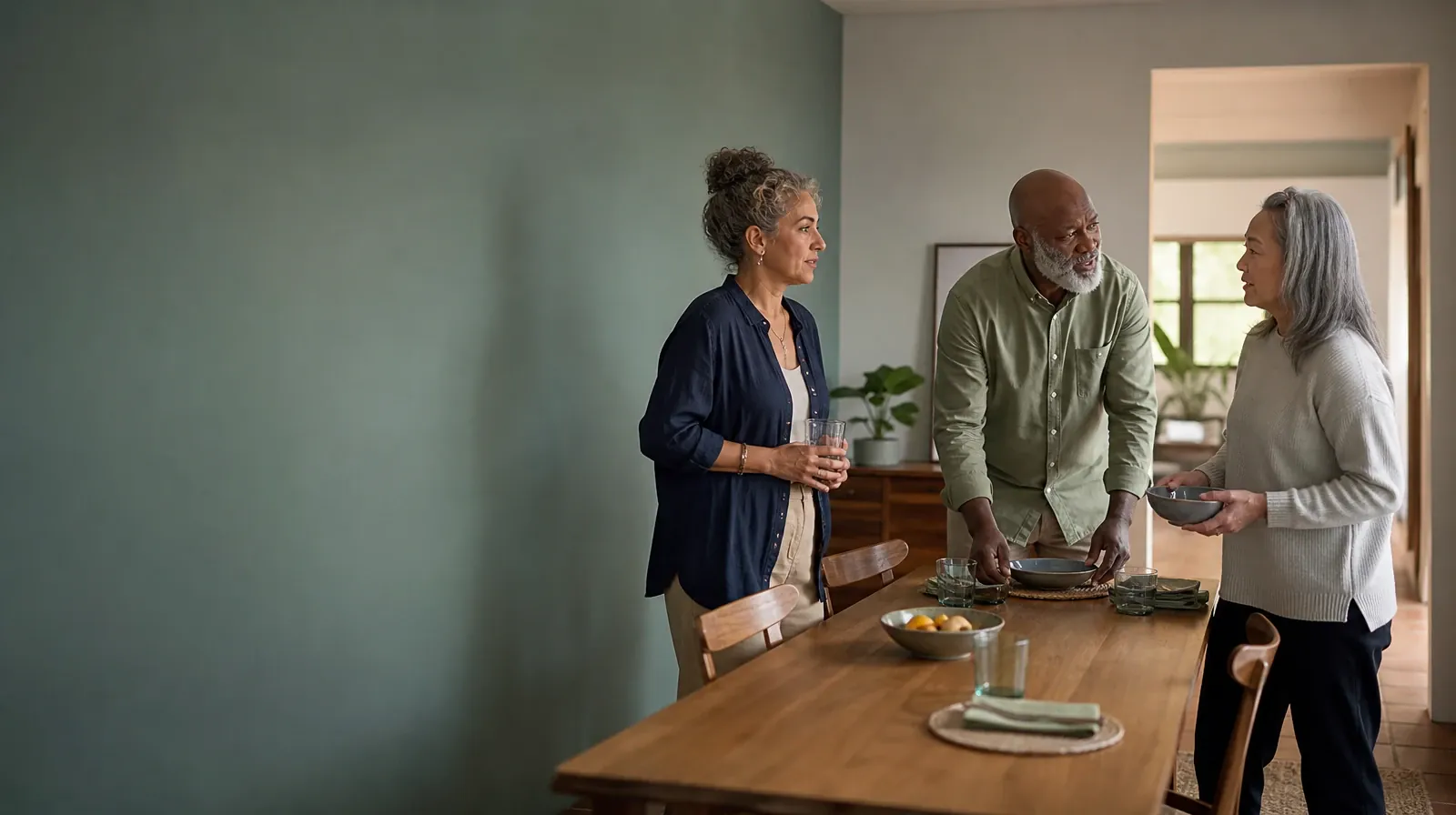 Distressing Effects and Assessment for Vyvanse Use | Three adults pause while setting a plain table Three adults pause while setting a plain table · Distressing Effects and Assessment for Vyvanse Use