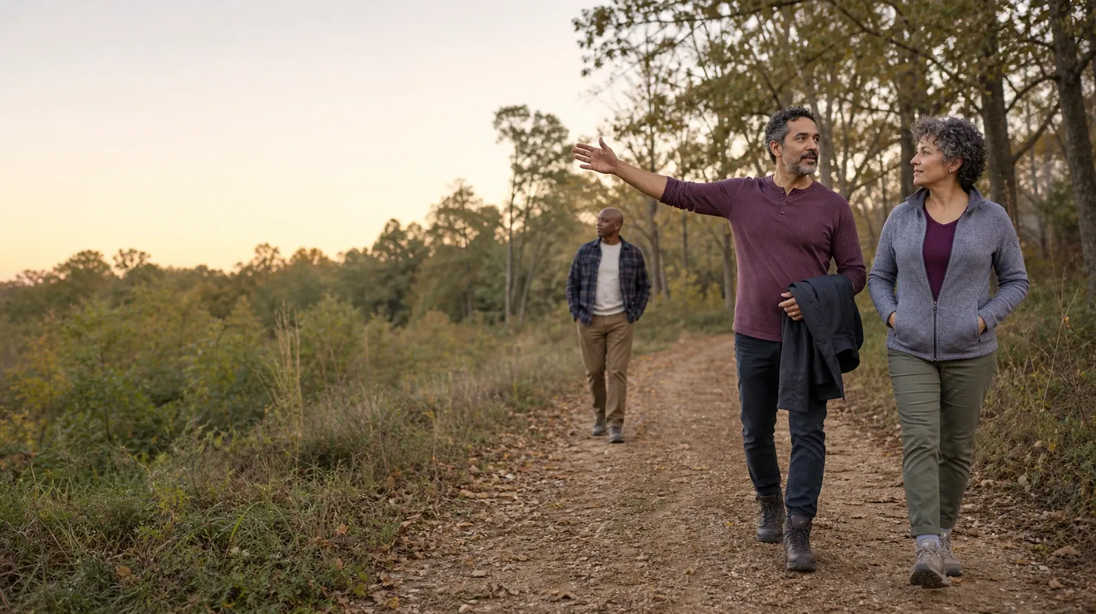 Three adults walk and talk on a wooded path · Understanding a Treatment Plan for Vyvanse Use in South Florida
