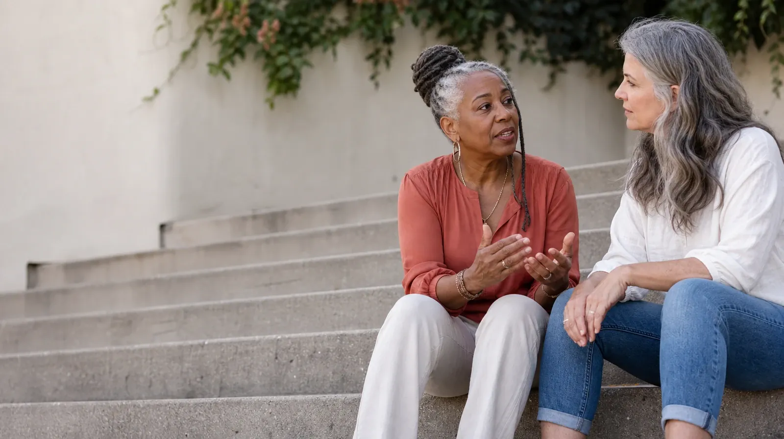 Two adults talk while seated on broad steps · When Other Substances Are Used With Vyvanse Use in South Florida