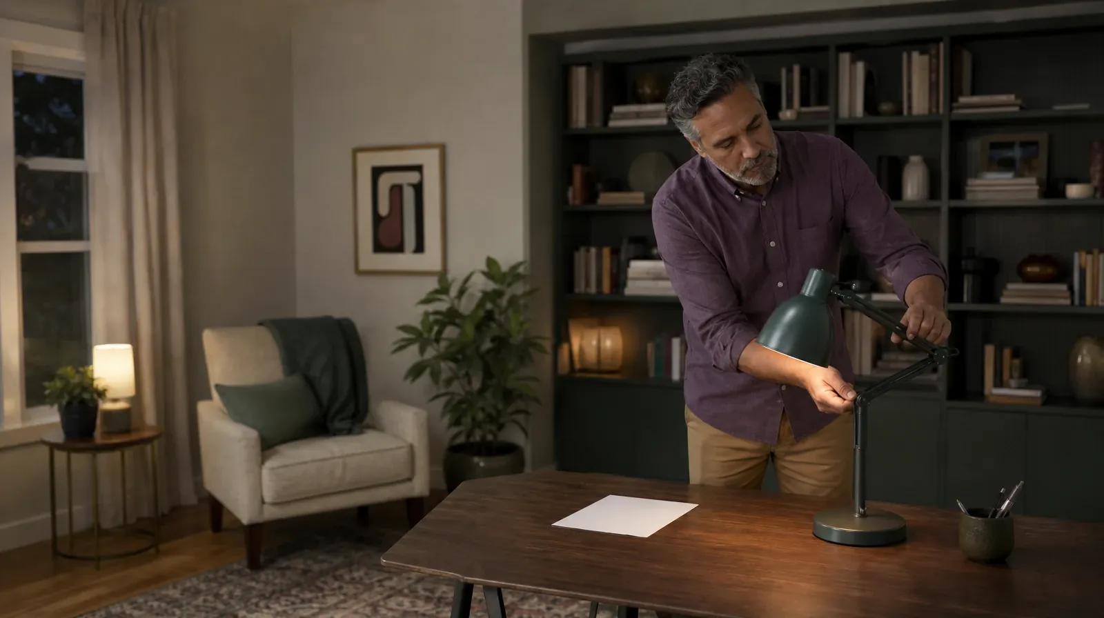 An adult adjusts a desk lamp beside blank paper · Work and Treatment Planning for Vyvanse Use in South Florida