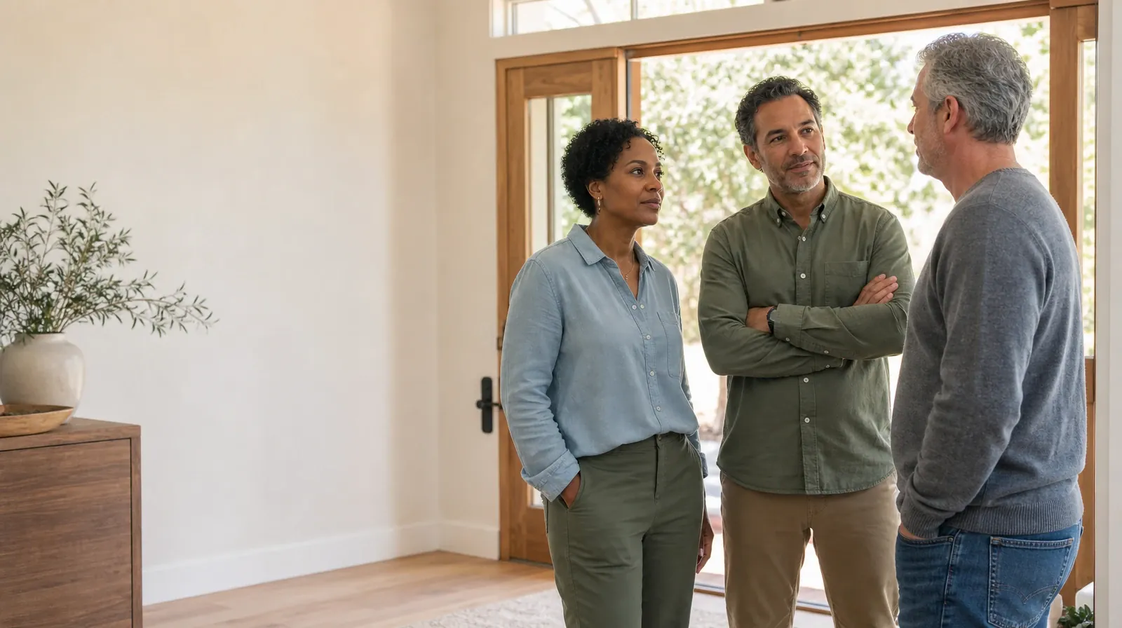 Three adults talk near an open home doorway · Cravings and Support With Xanax Use in South Florida